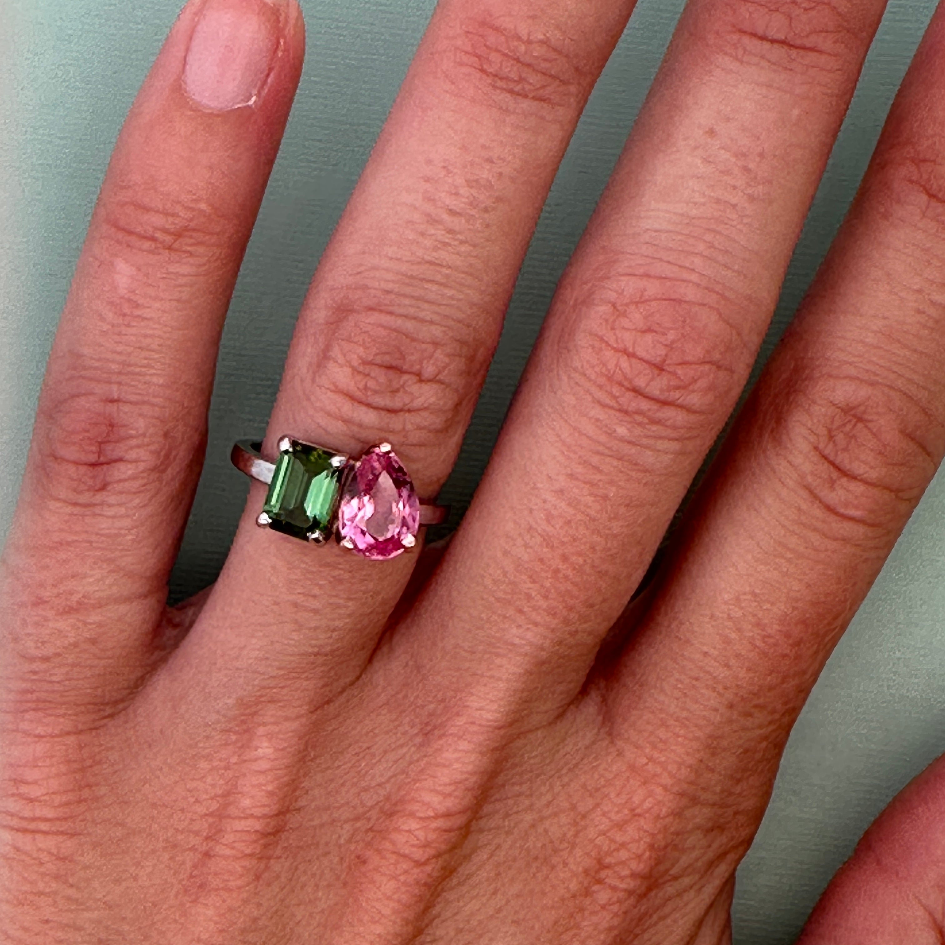 14k White & Rose Gold Pink & Green Tourmaline Ring – Size 7