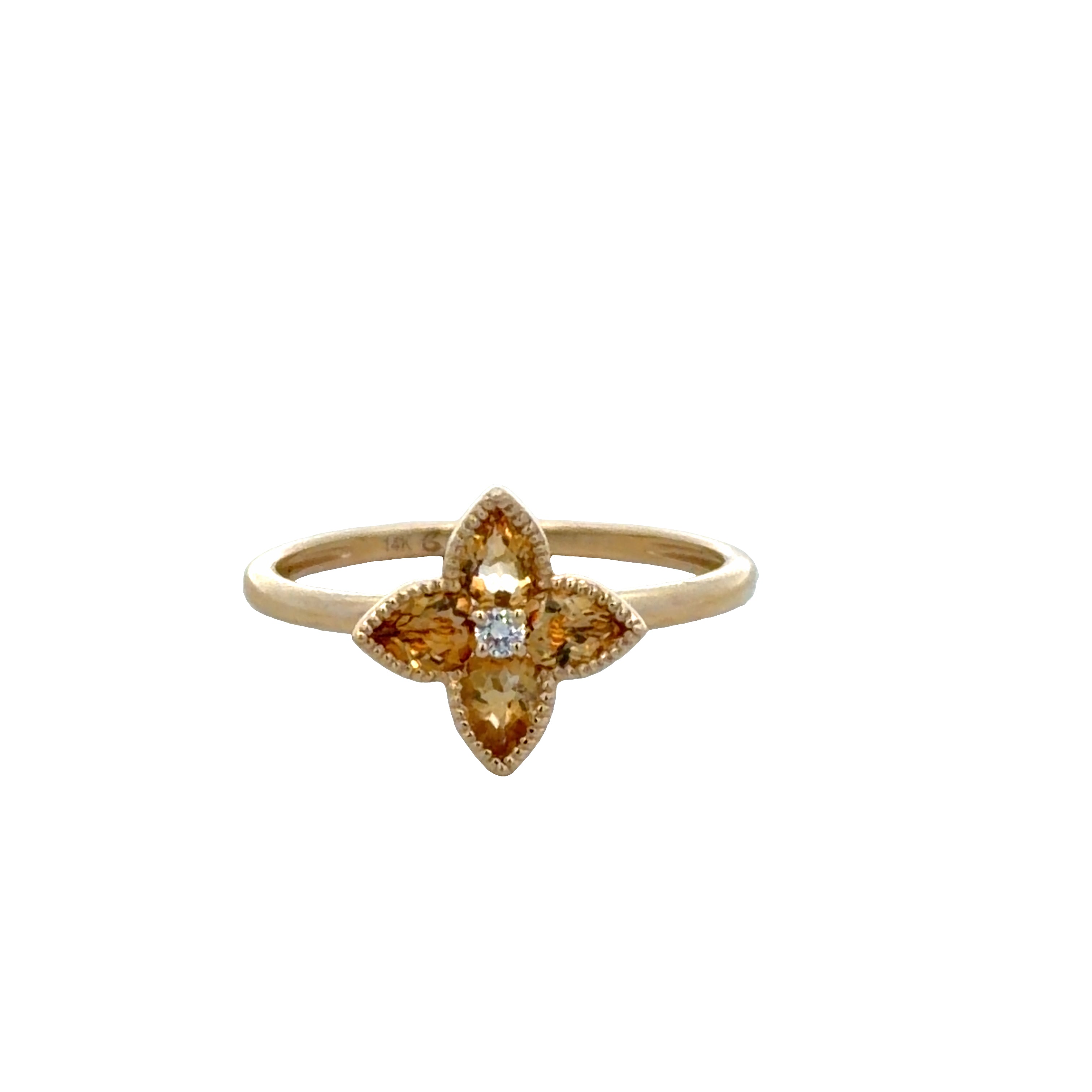 14k Yellow Gold Citrine & Diamond Quatrefoil Ring – Size 7