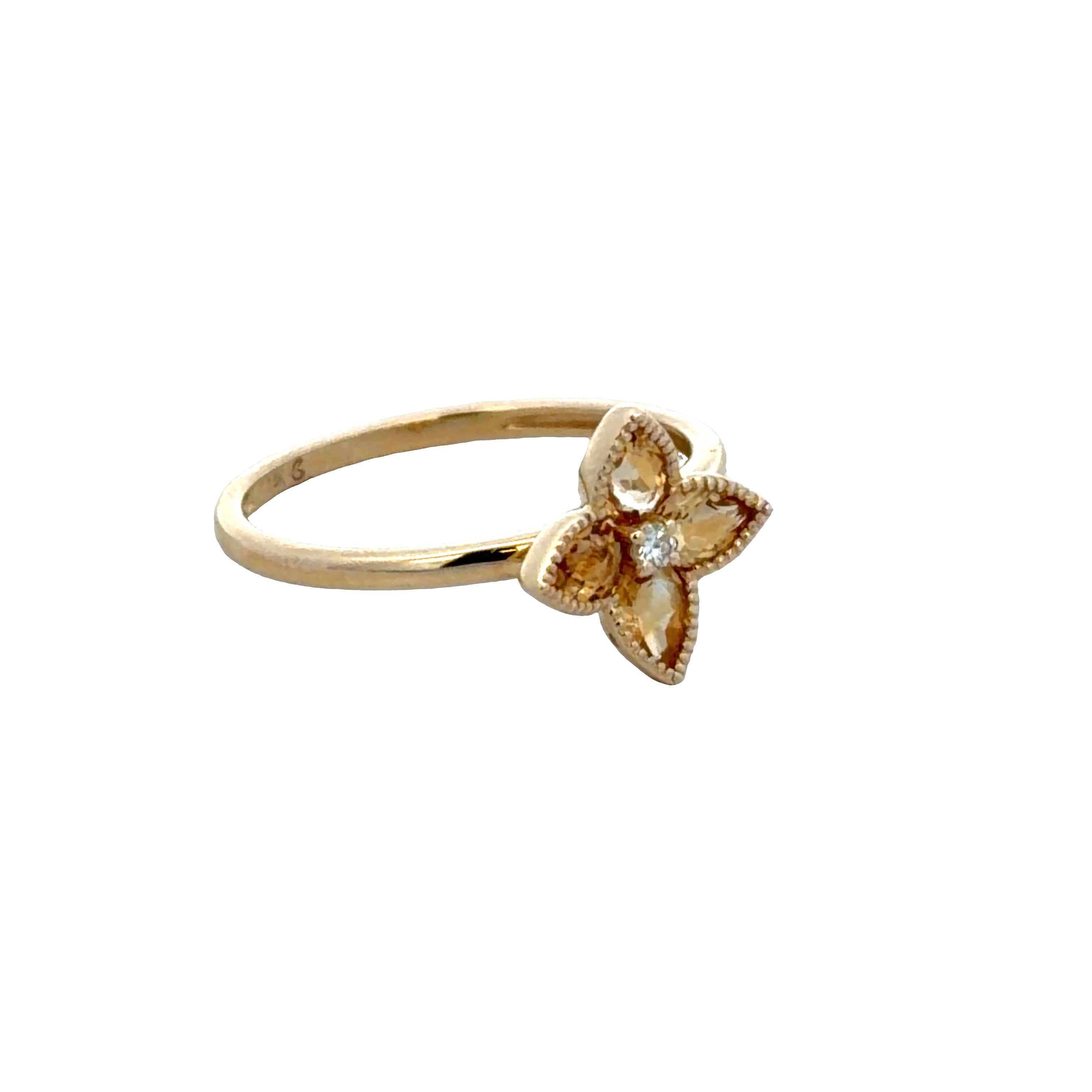 14k Yellow Gold Citrine & Diamond Quatrefoil Ring – Size 7