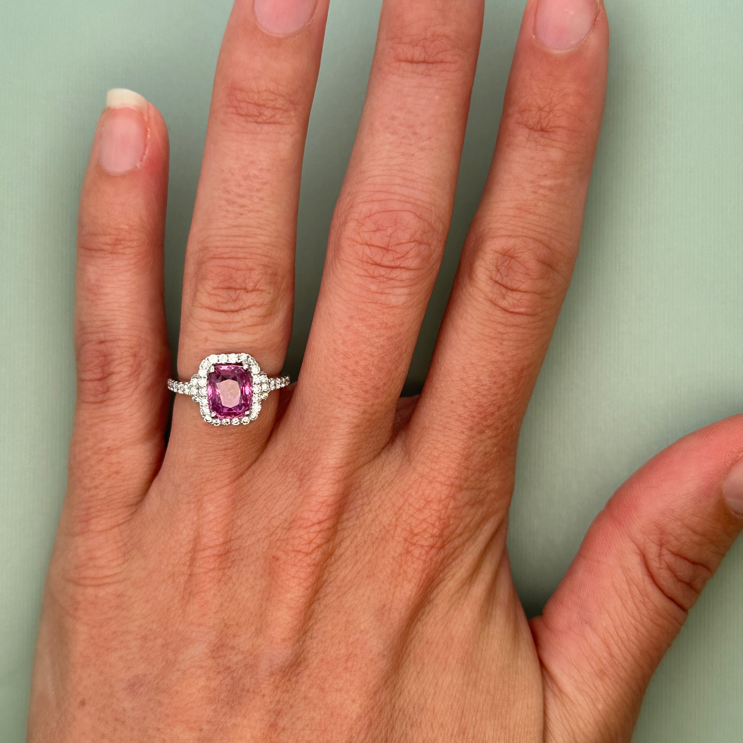14k White Gold Pink Sapphire & Diamond Halo Ring – Size 5.25