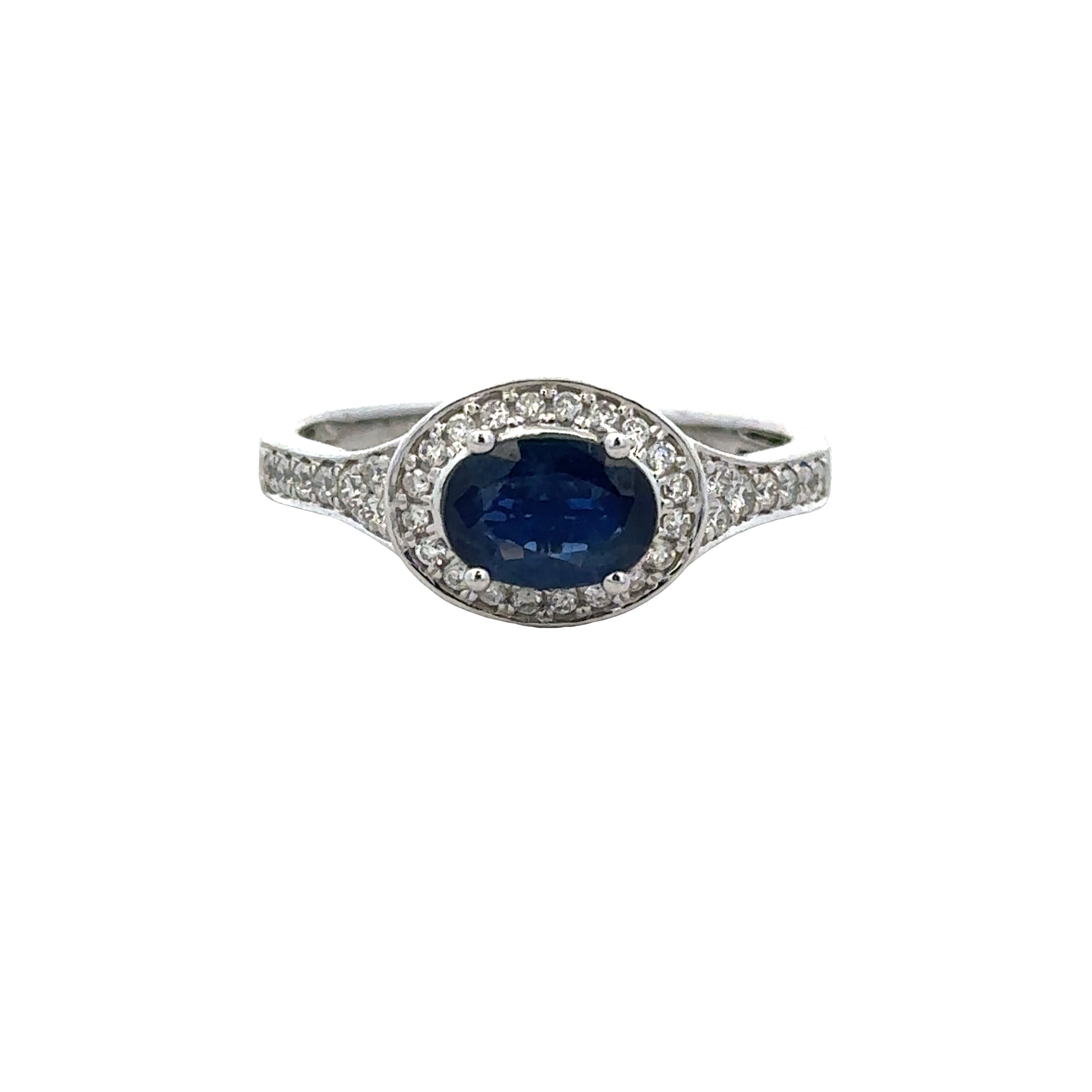 14k White Gold East-West Sapphire & Diamond Halo Ring – Size 7