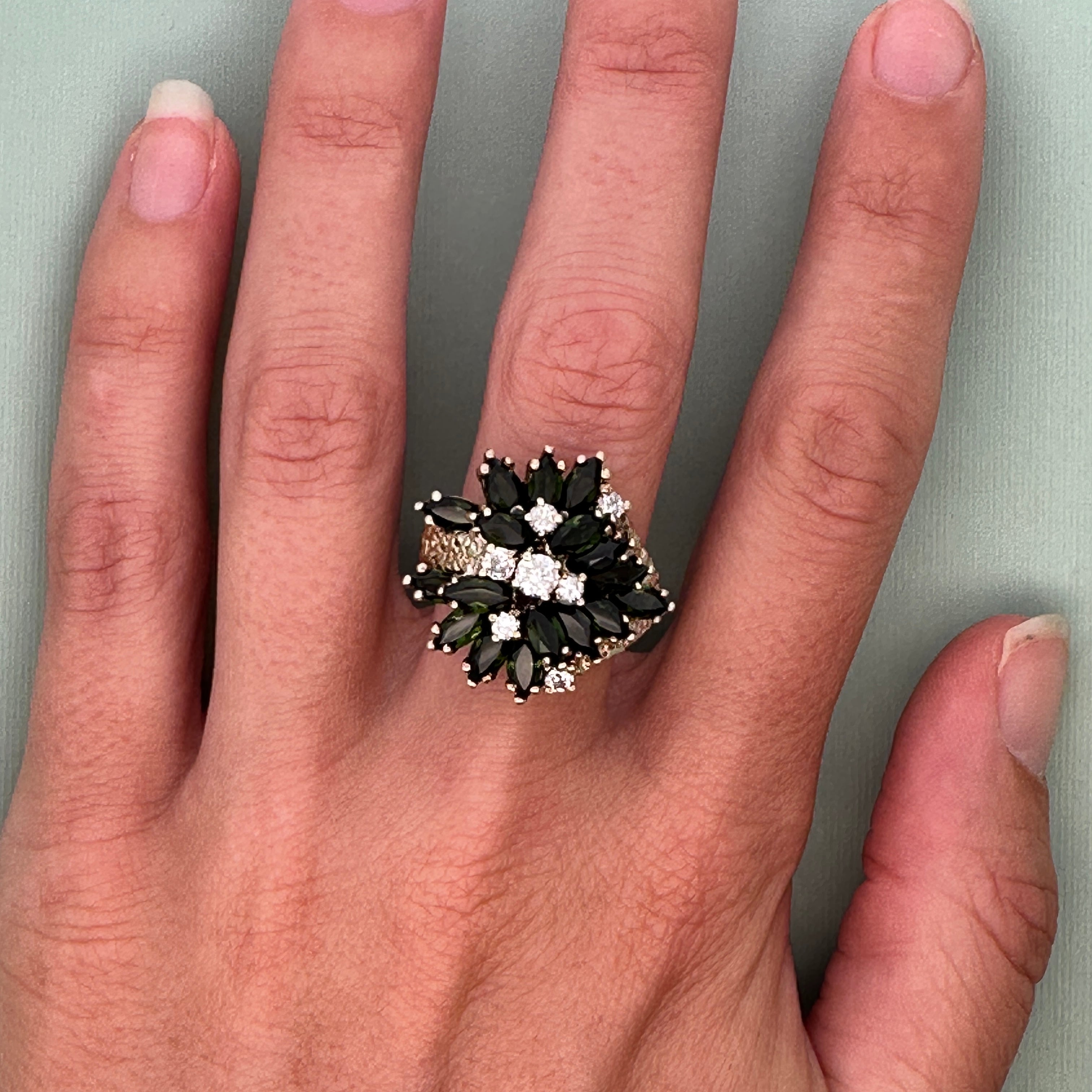 14k Yellow Gold Green Tourmaline & Diamond Statement Cocktail Ring – Size 7.5