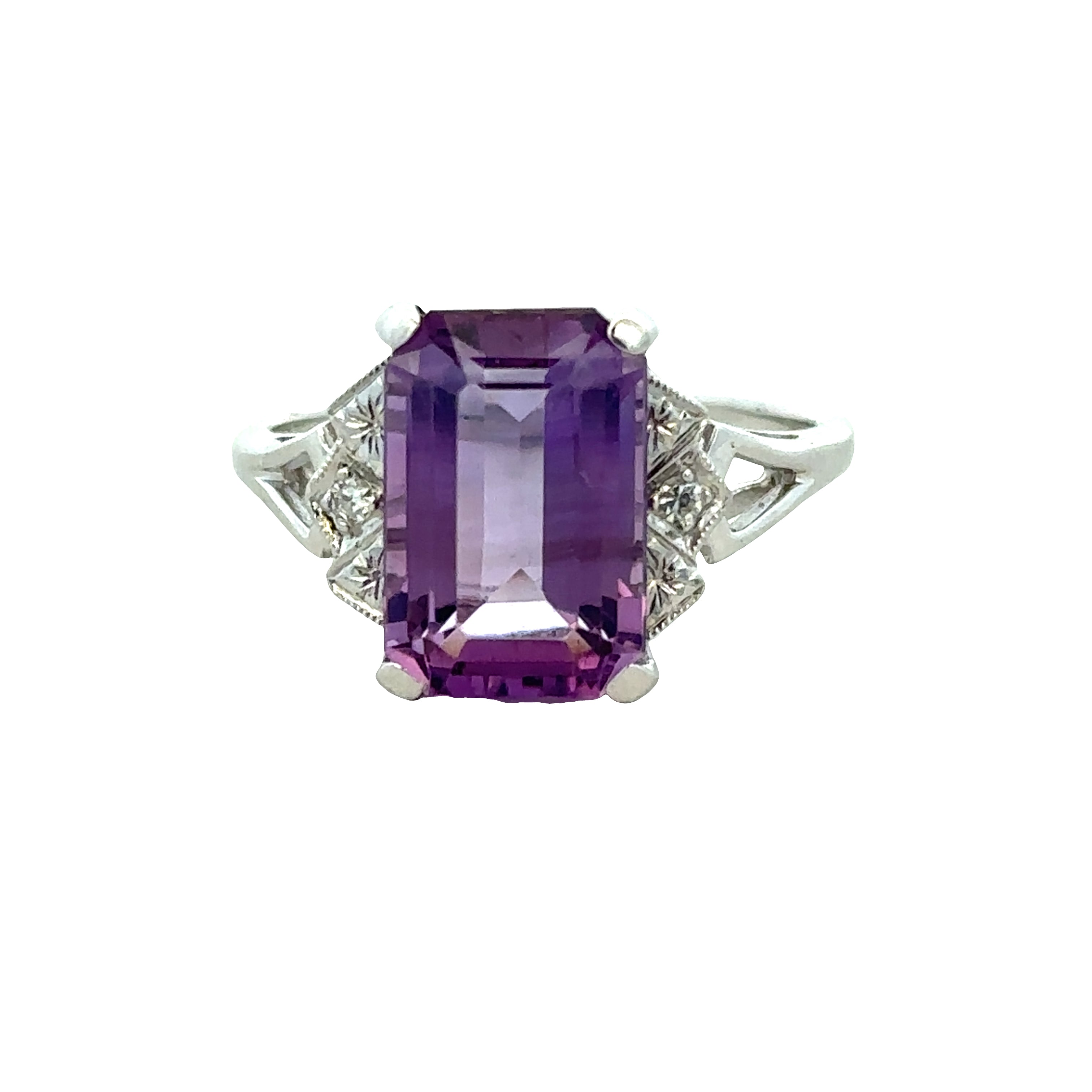 14k White Gold Emerald Cut Amethyst & Diamond Ring – Size 8.5
