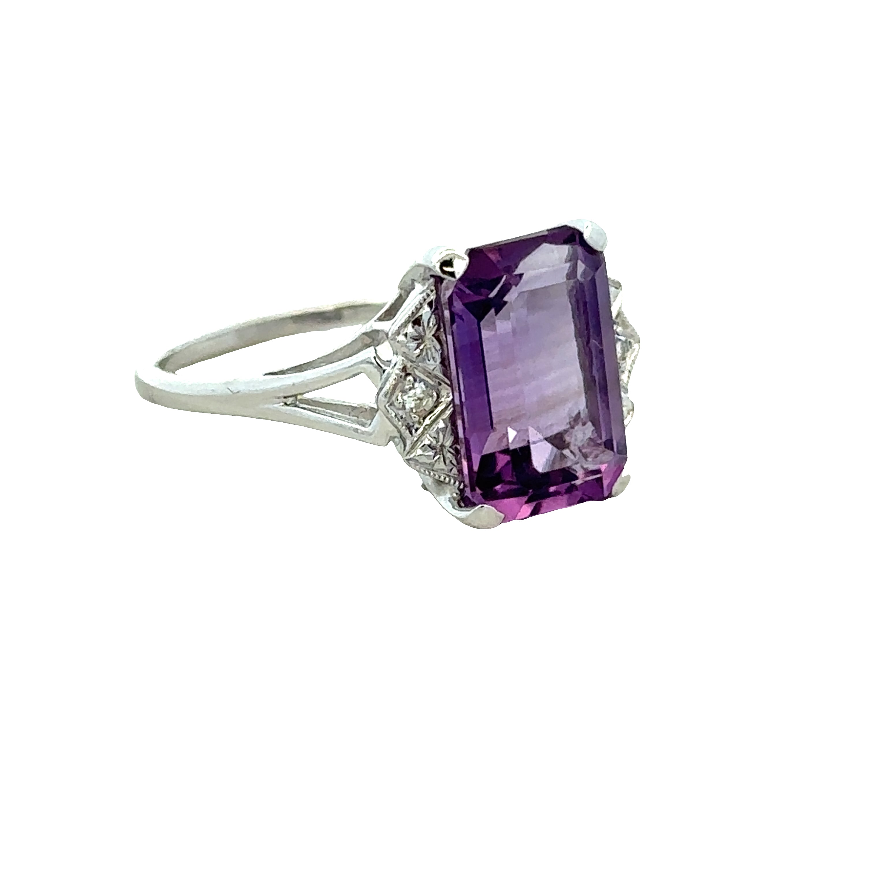 14k White Gold Emerald Cut Amethyst & Diamond Ring – Size 8.5