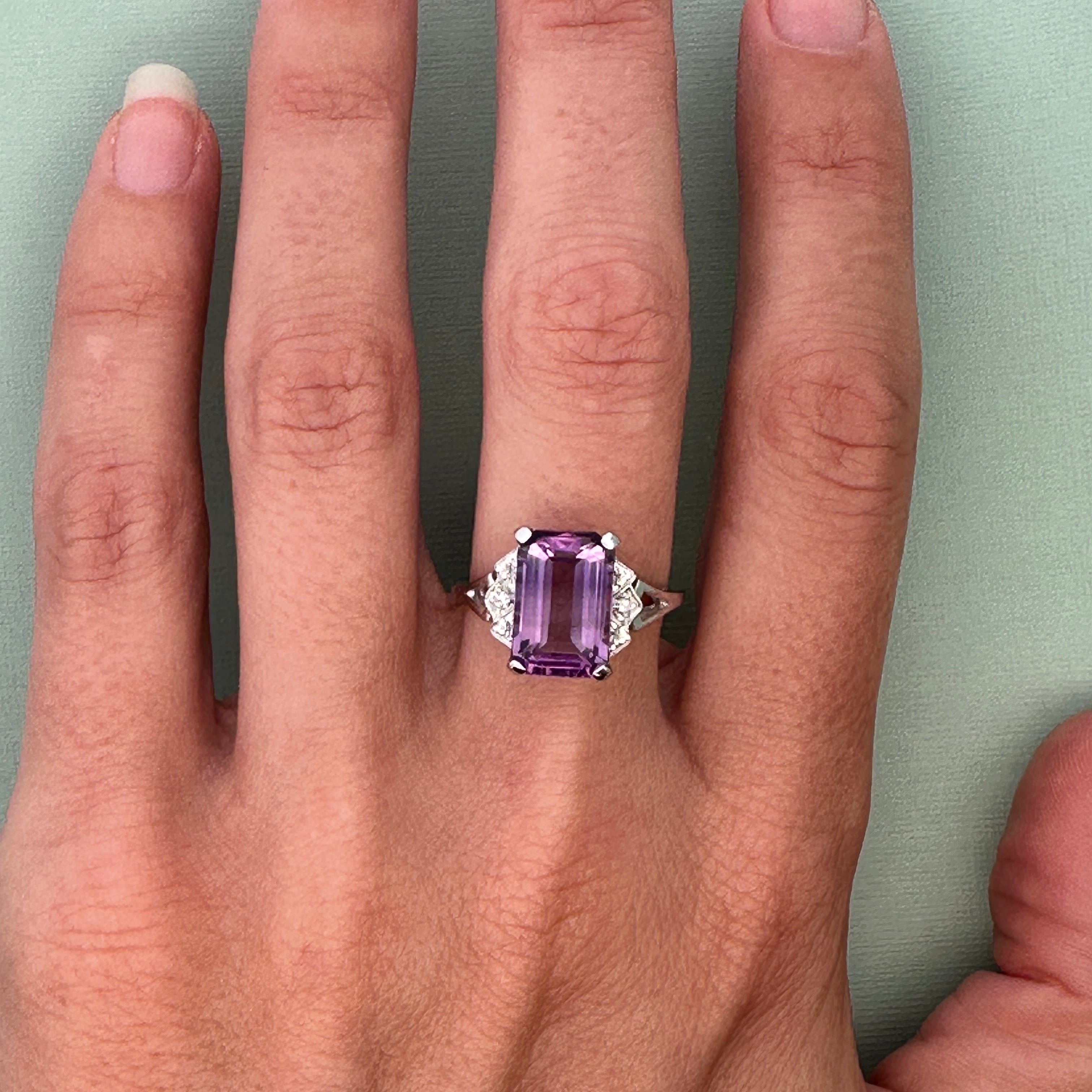 14k White Gold Emerald Cut Amethyst & Diamond Ring – Size 8.5