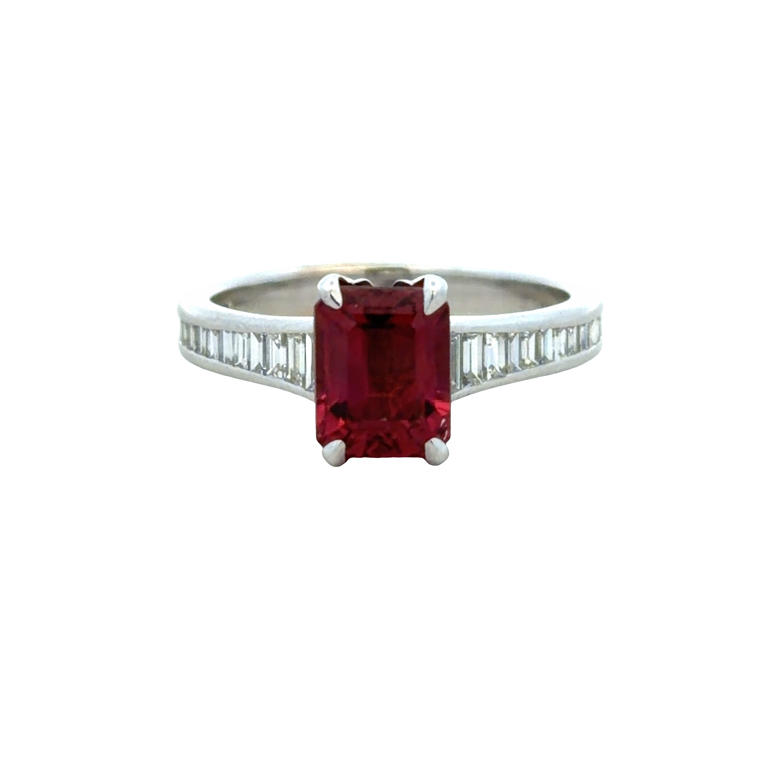 14k White Gold Emerald Cut Pink Sapphire & Baguette Diamond Ring – Size 6.5