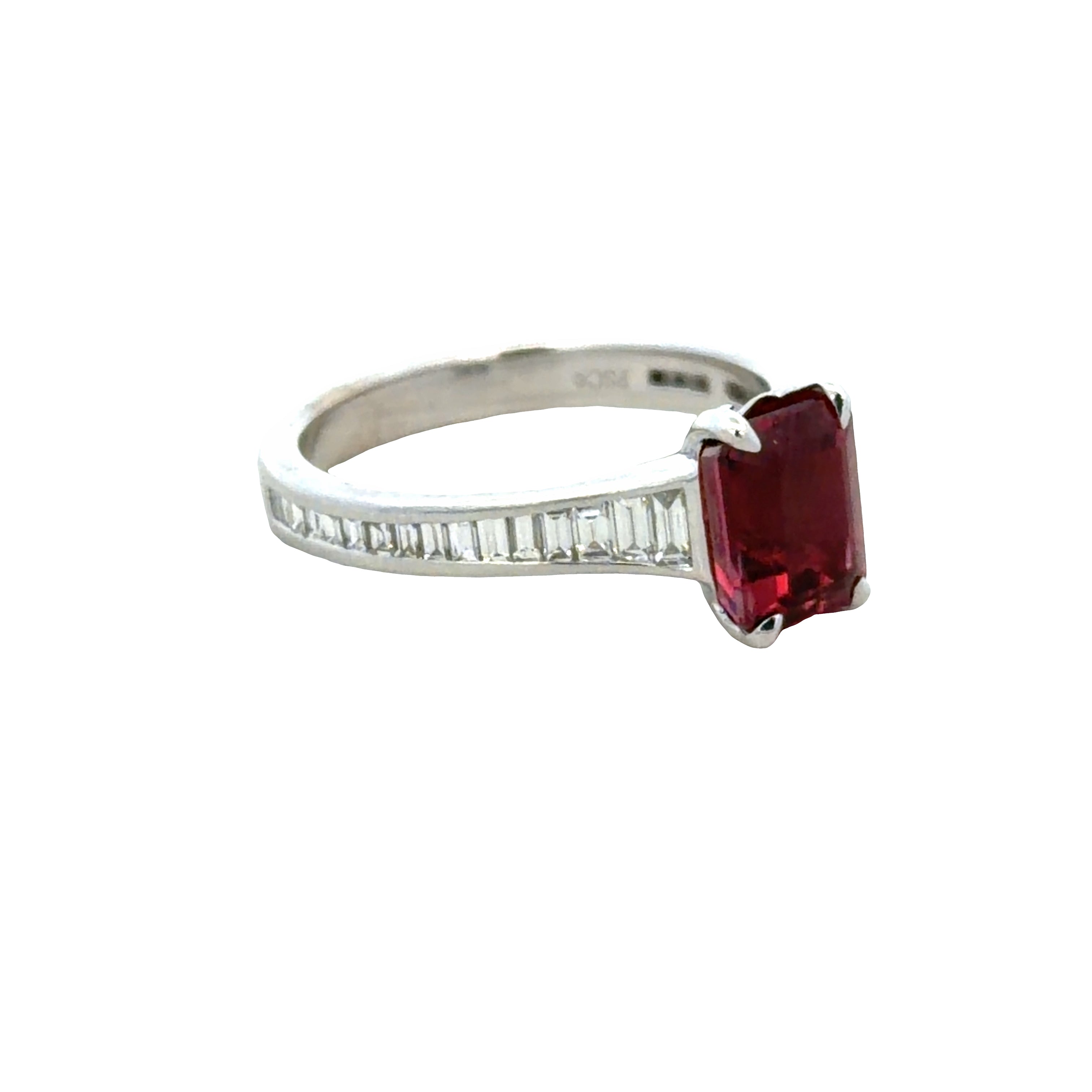 14k White Gold Emerald Cut Pink Sapphire & Baguette Diamond Ring – Size 6.5