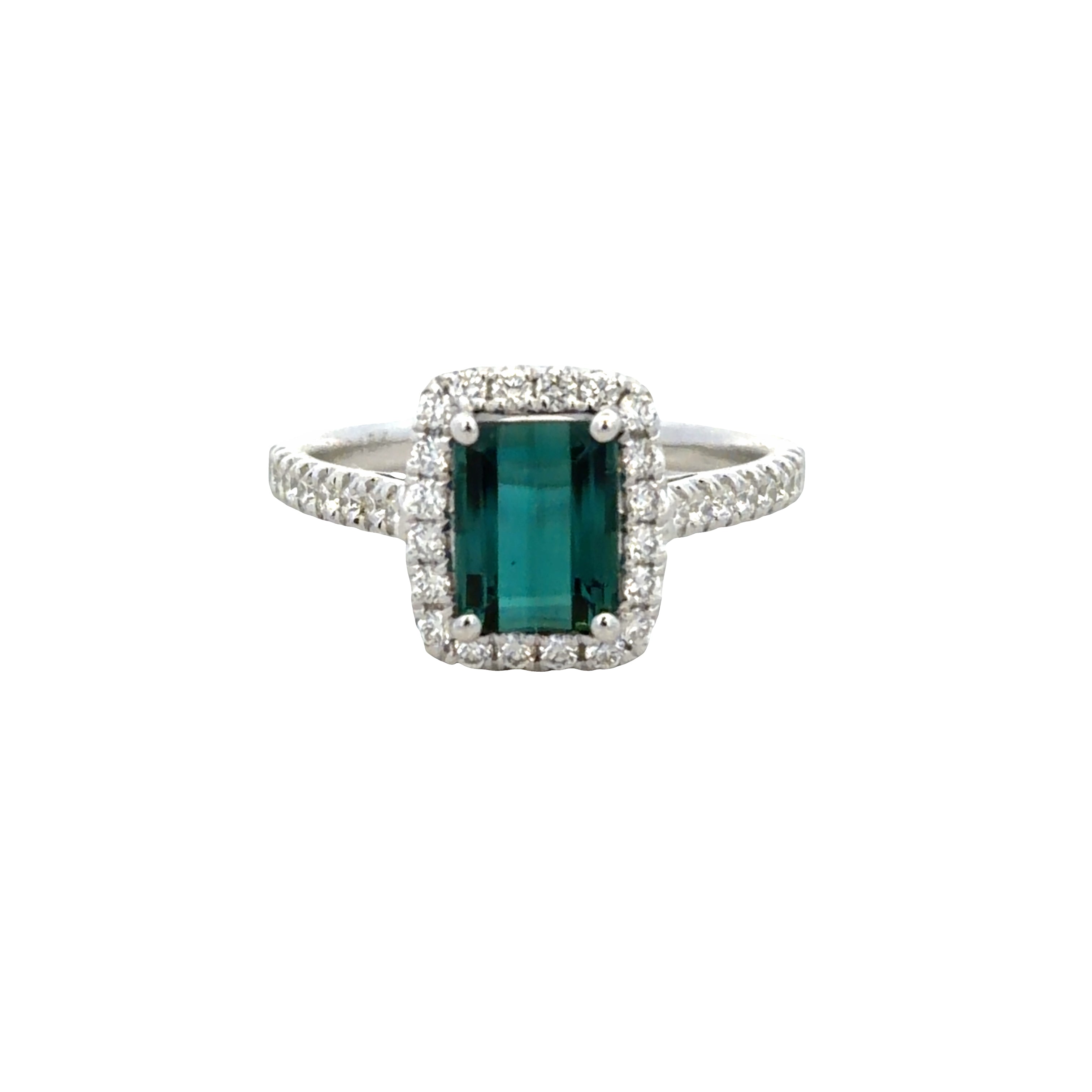 18k White Gold Blue-Green Tourmaline & Diamond Halo Ring – Size 6.75