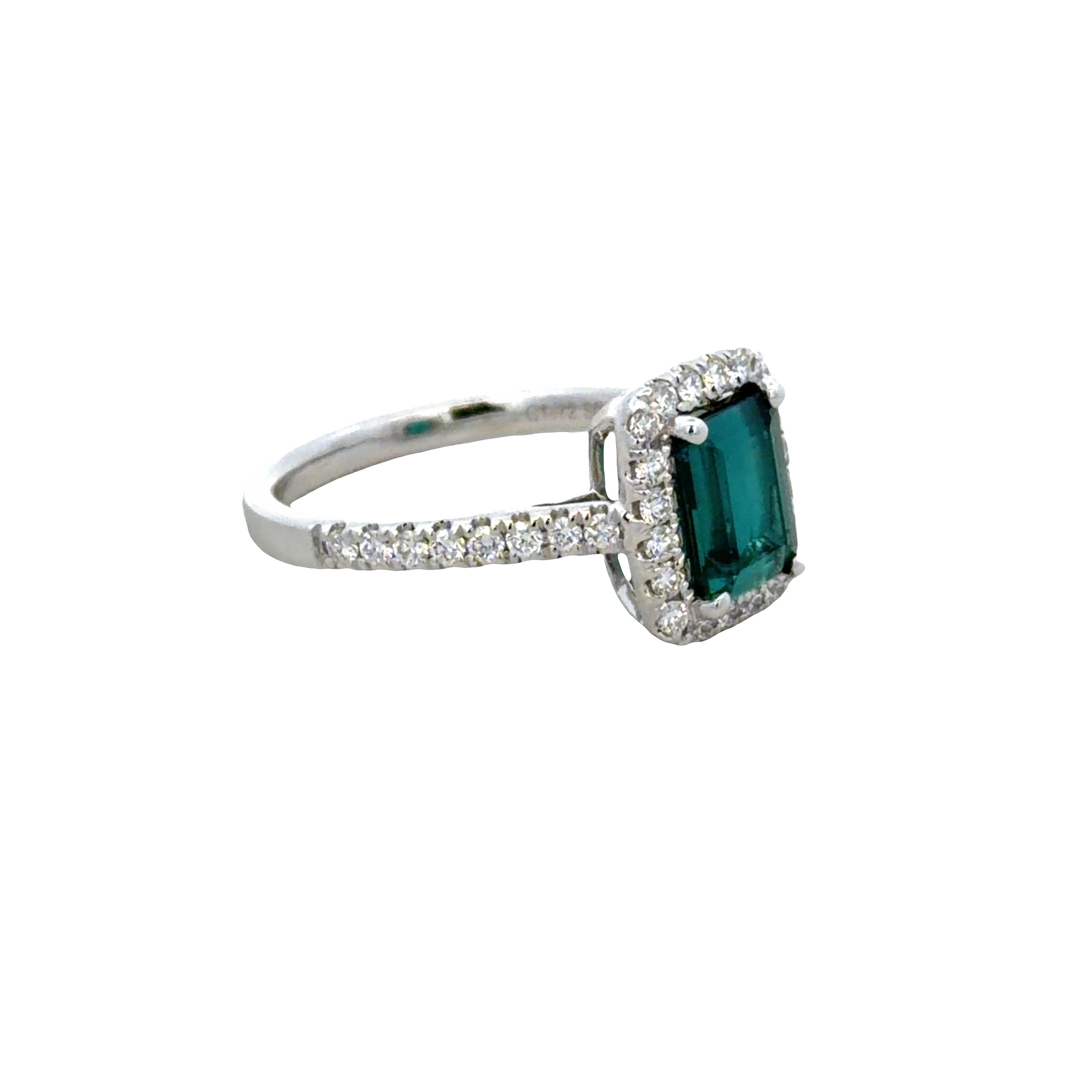18k White Gold Blue-Green Tourmaline & Diamond Halo Ring – Size 6.75