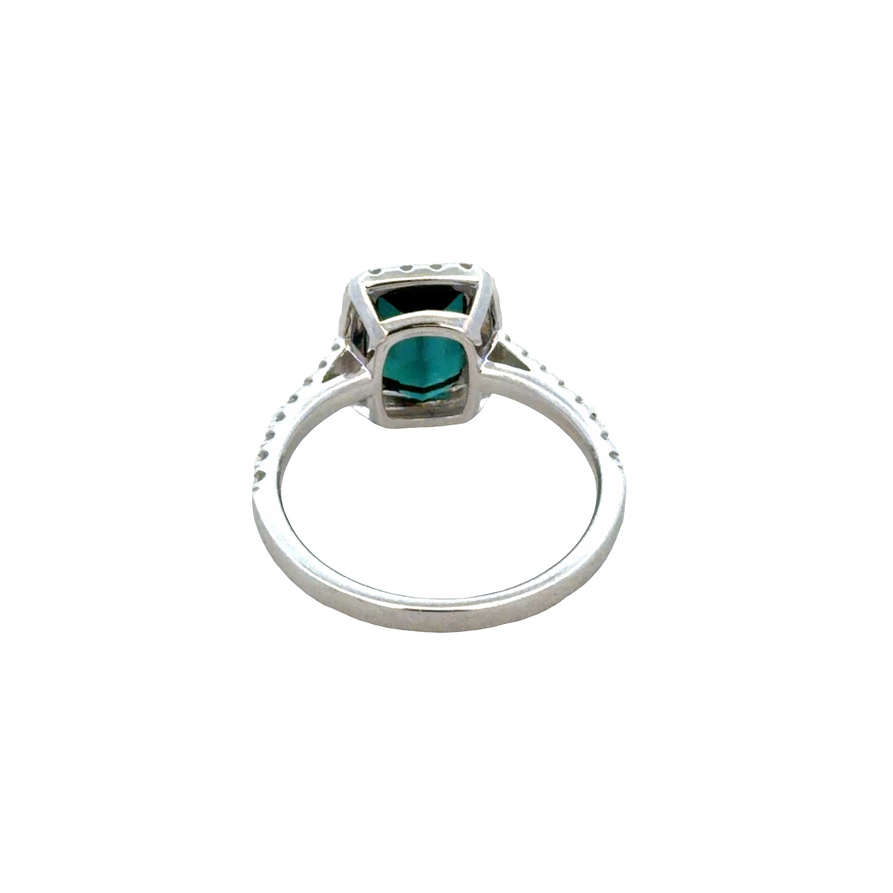 18k White Gold Blue-Green Tourmaline & Diamond Halo Ring – Size 6.75
