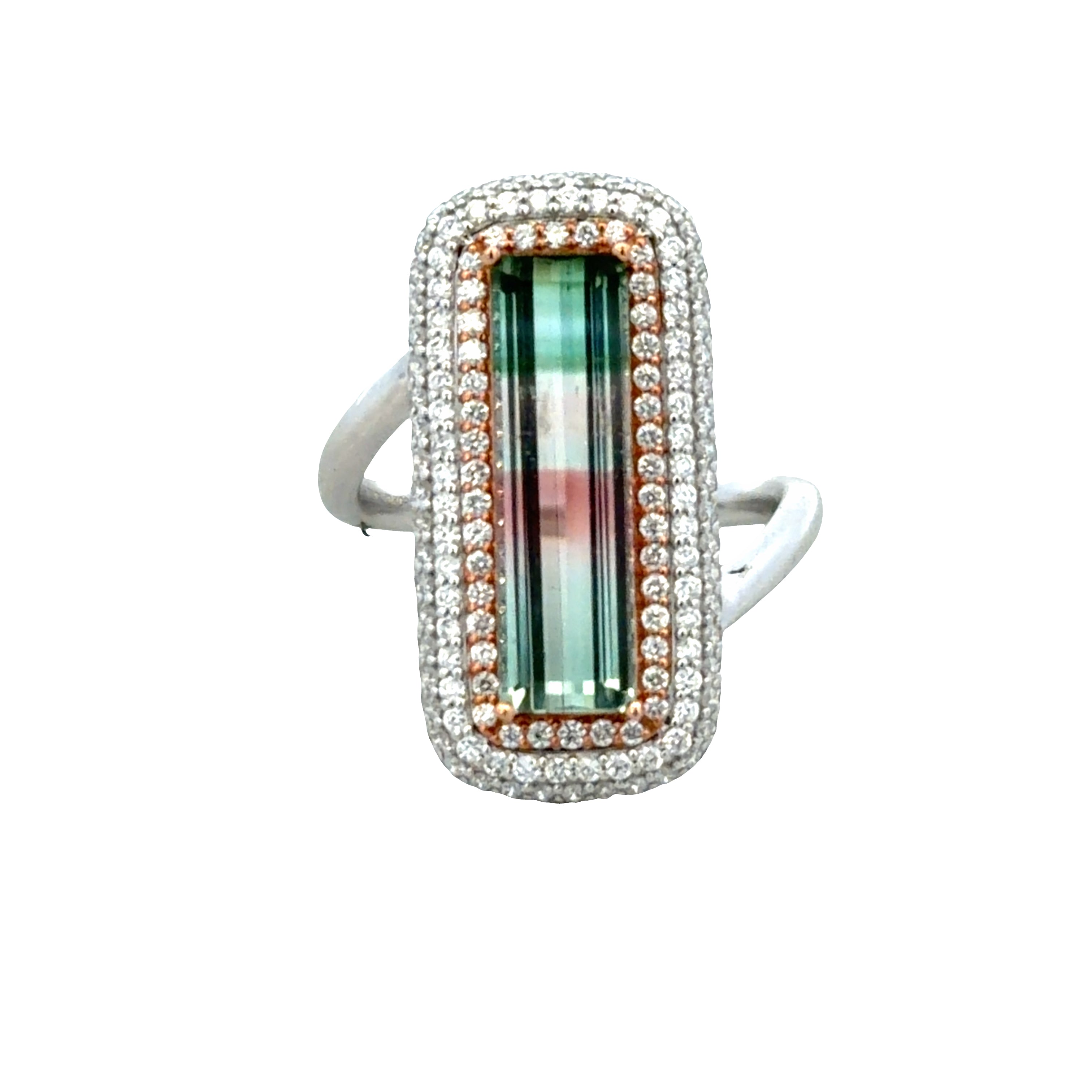 18k White Gold 3.30 CT Bi-Color Watermelon Tourmaline & Diamond Ring – Size 7