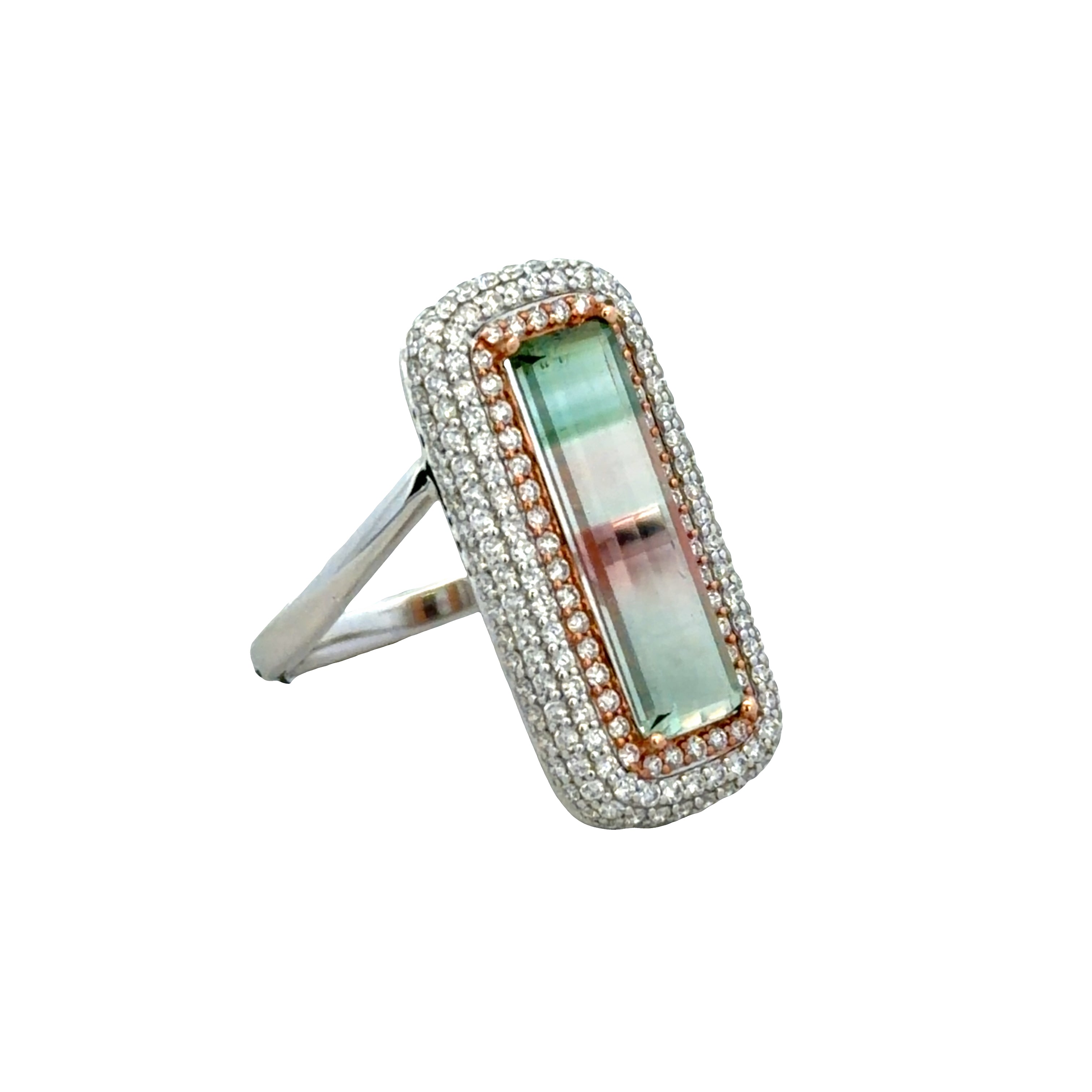 18k White Gold 3.30 CT Bi-Color Watermelon Tourmaline & Diamond Ring – Size 7