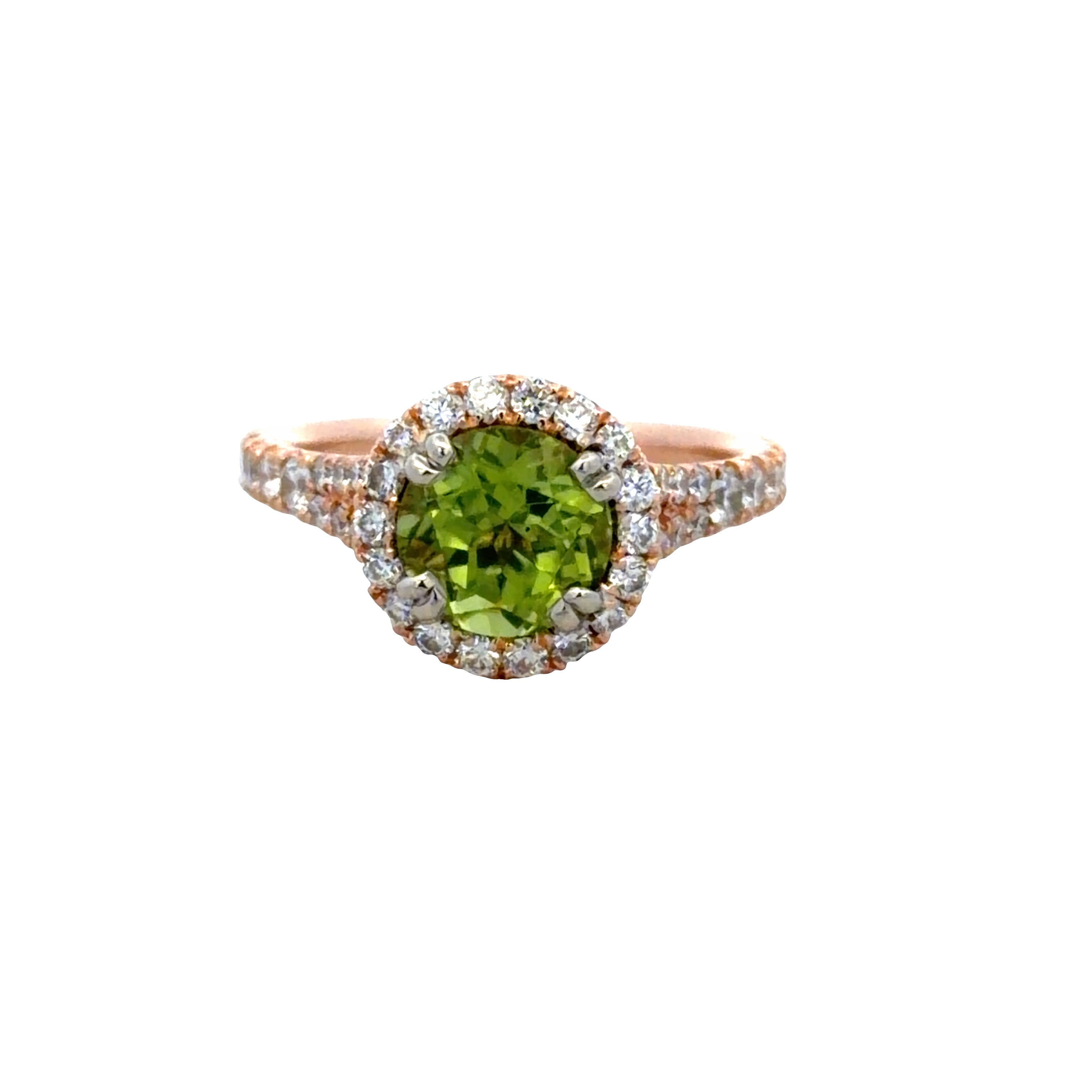 14k Rose Gold Peridot & Diamond Halo Ring – Size 5.5