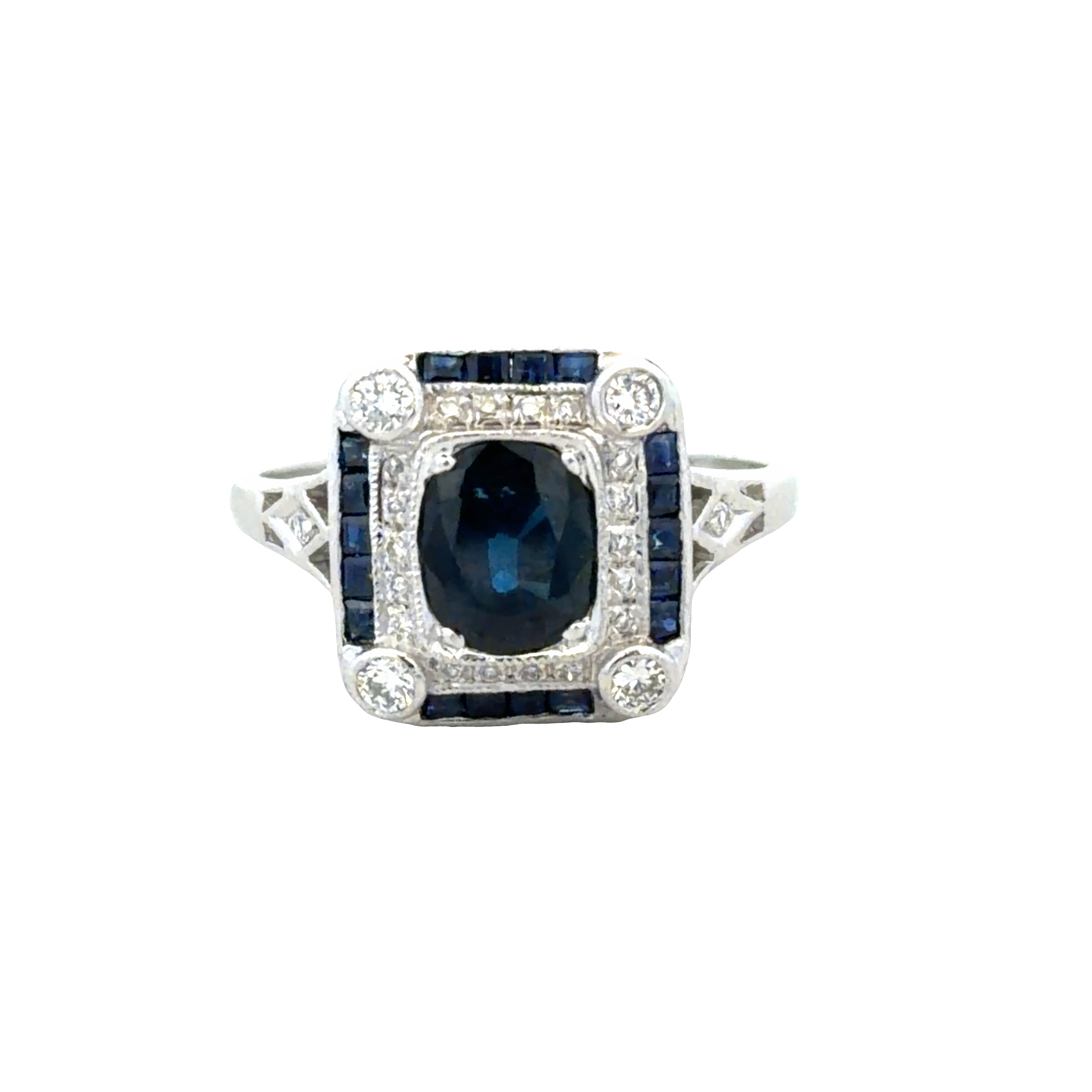 18k White Gold Art Deco-Inspired Blue Sapphire & Diamond Ring – Size 6.75