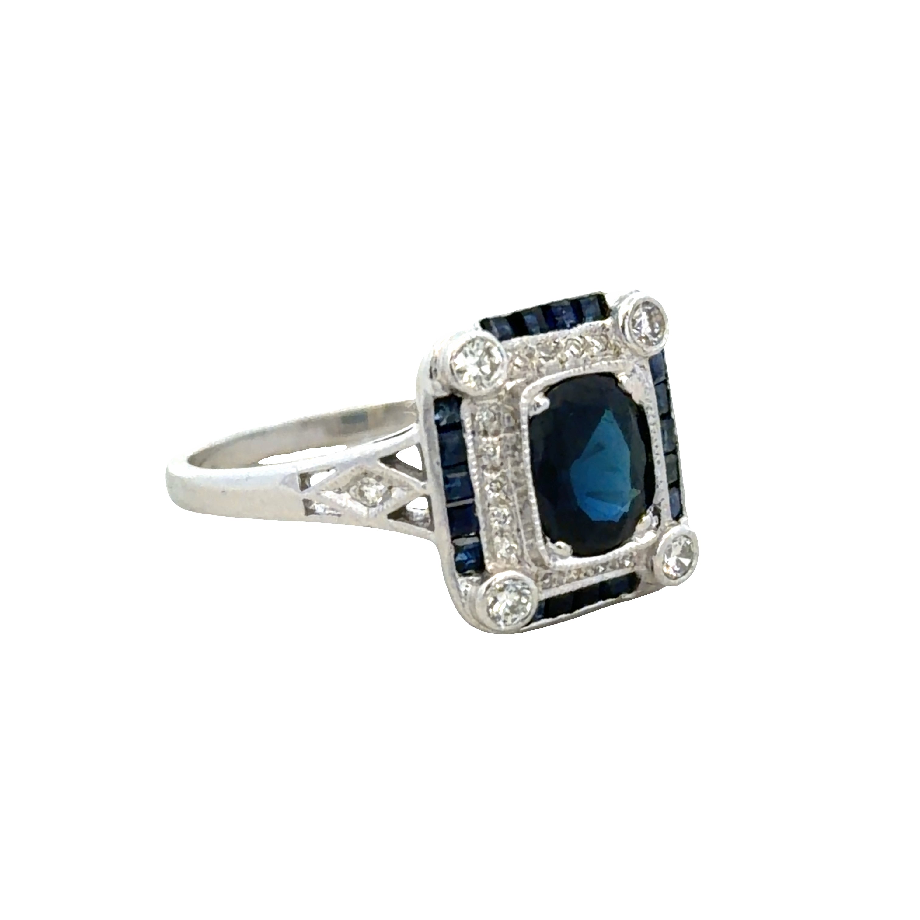 18k White Gold Art Deco-Inspired Blue Sapphire & Diamond Ring – Size 6.75