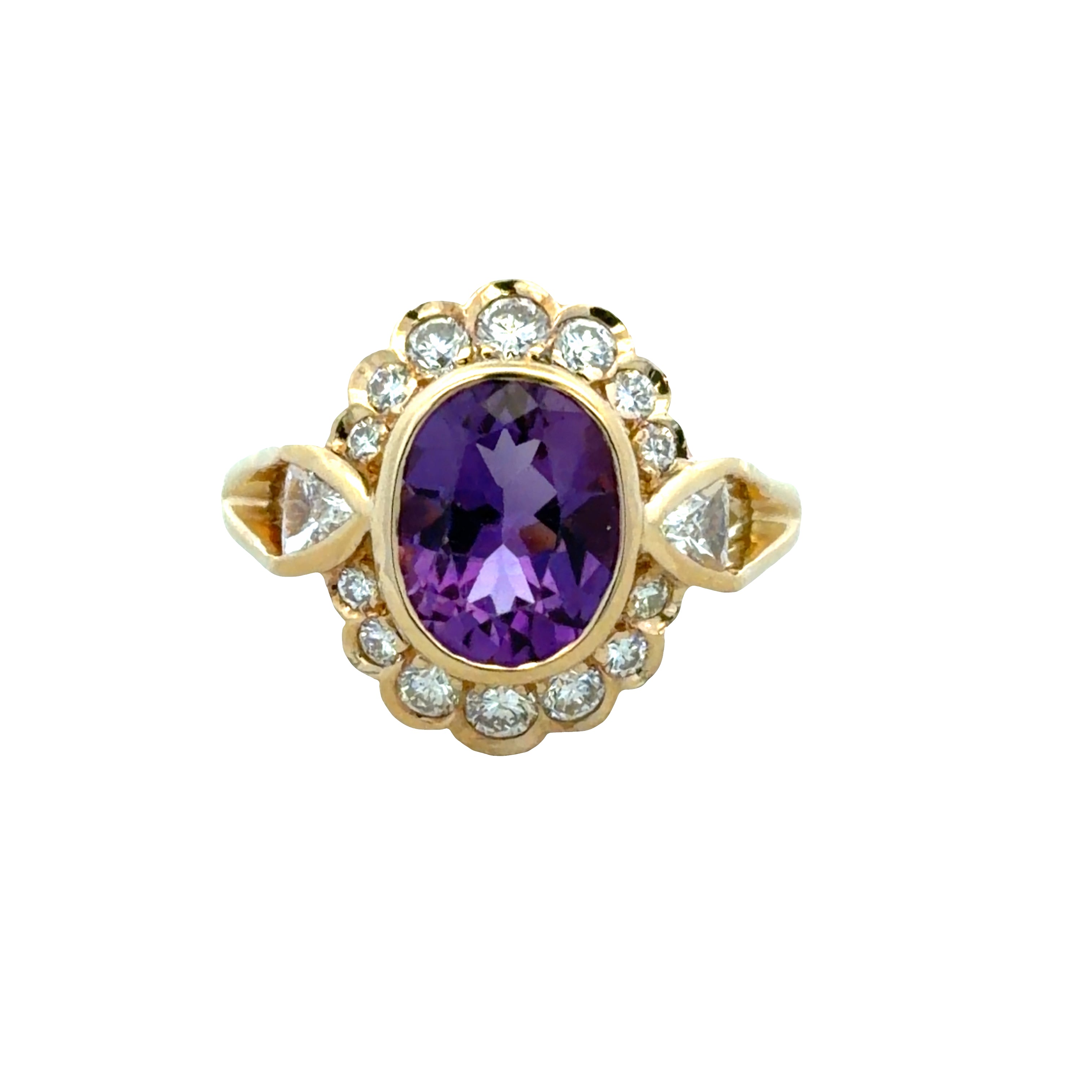 18k Yellow Gold Amethyst & Diamond Halo Ring – Size 6.5