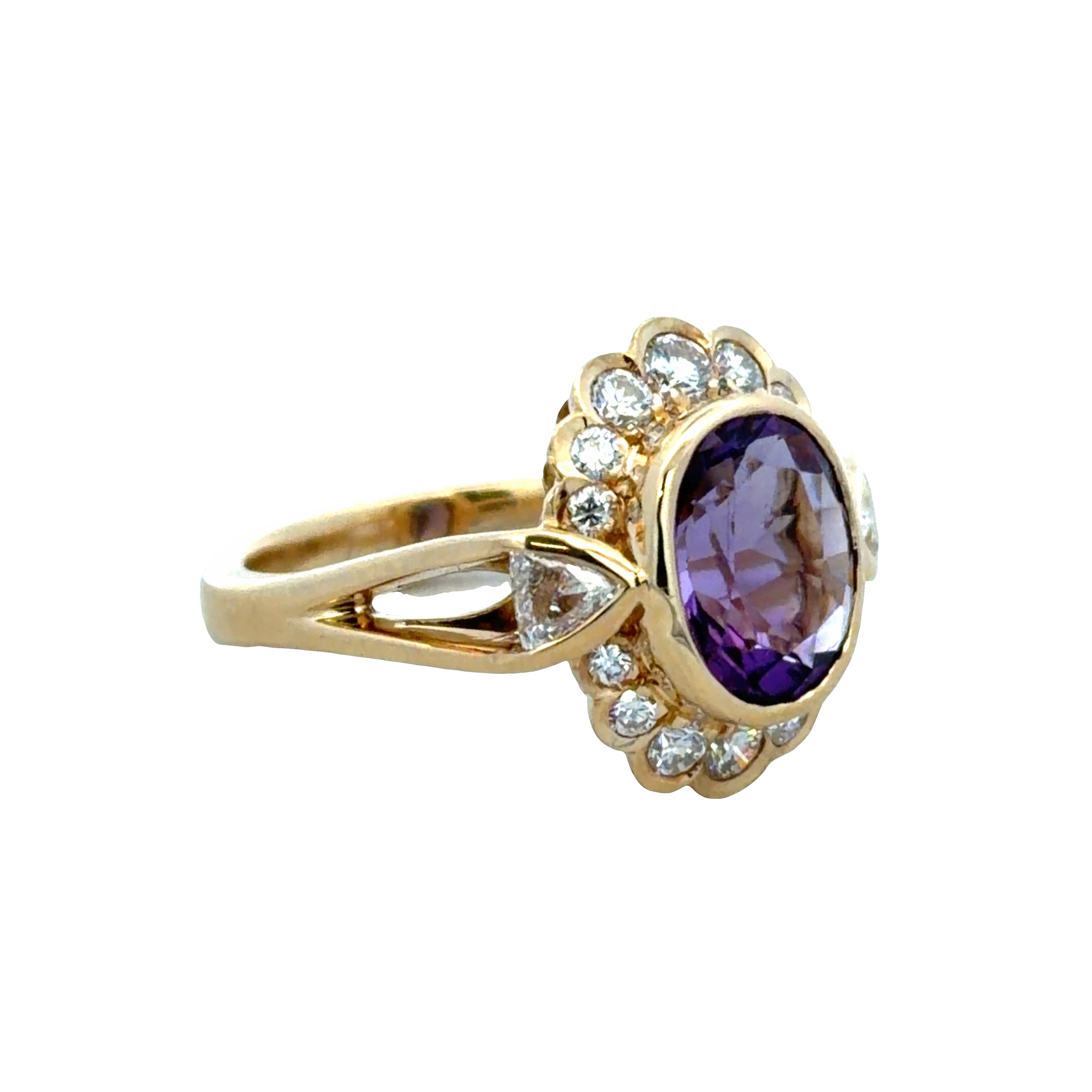 18k Yellow Gold Amethyst & Diamond Halo Ring – Size 6.5