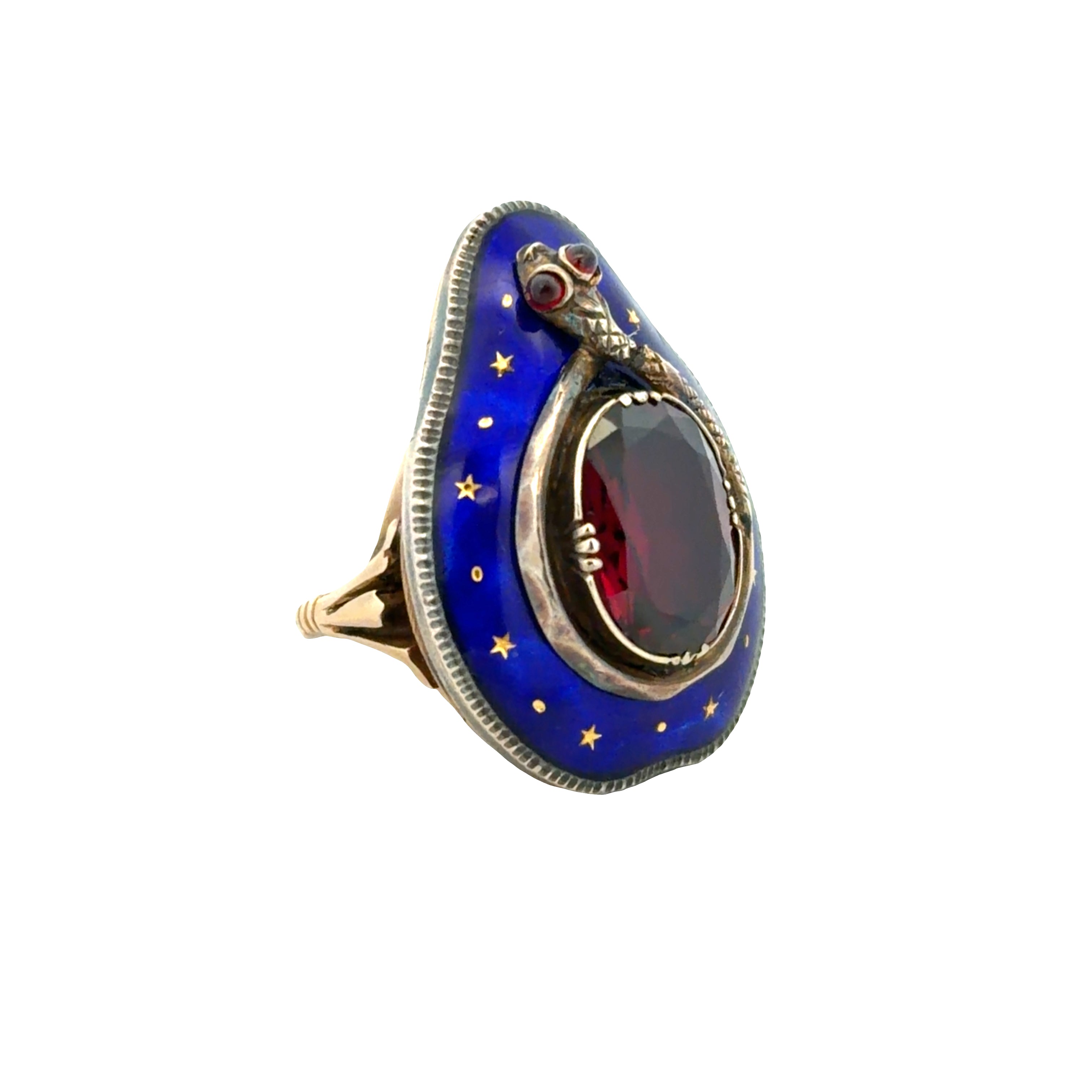 Antique 14k Yellow Gold & Sterling Silver Garnet Snake Keepsake Ring – Size 6.75