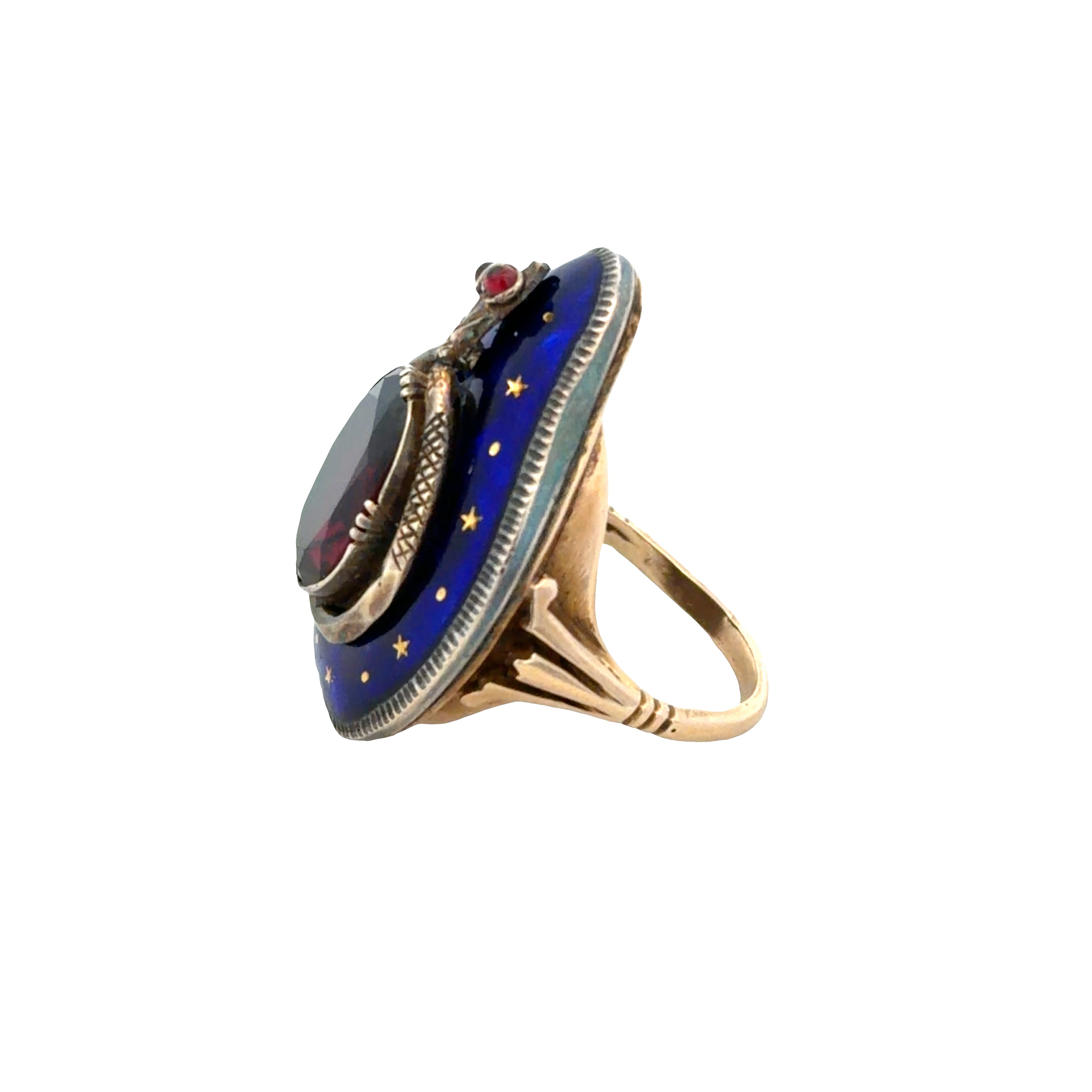 Antique 14k Yellow Gold & Sterling Silver Garnet Snake Keepsake Ring – Size 6.75
