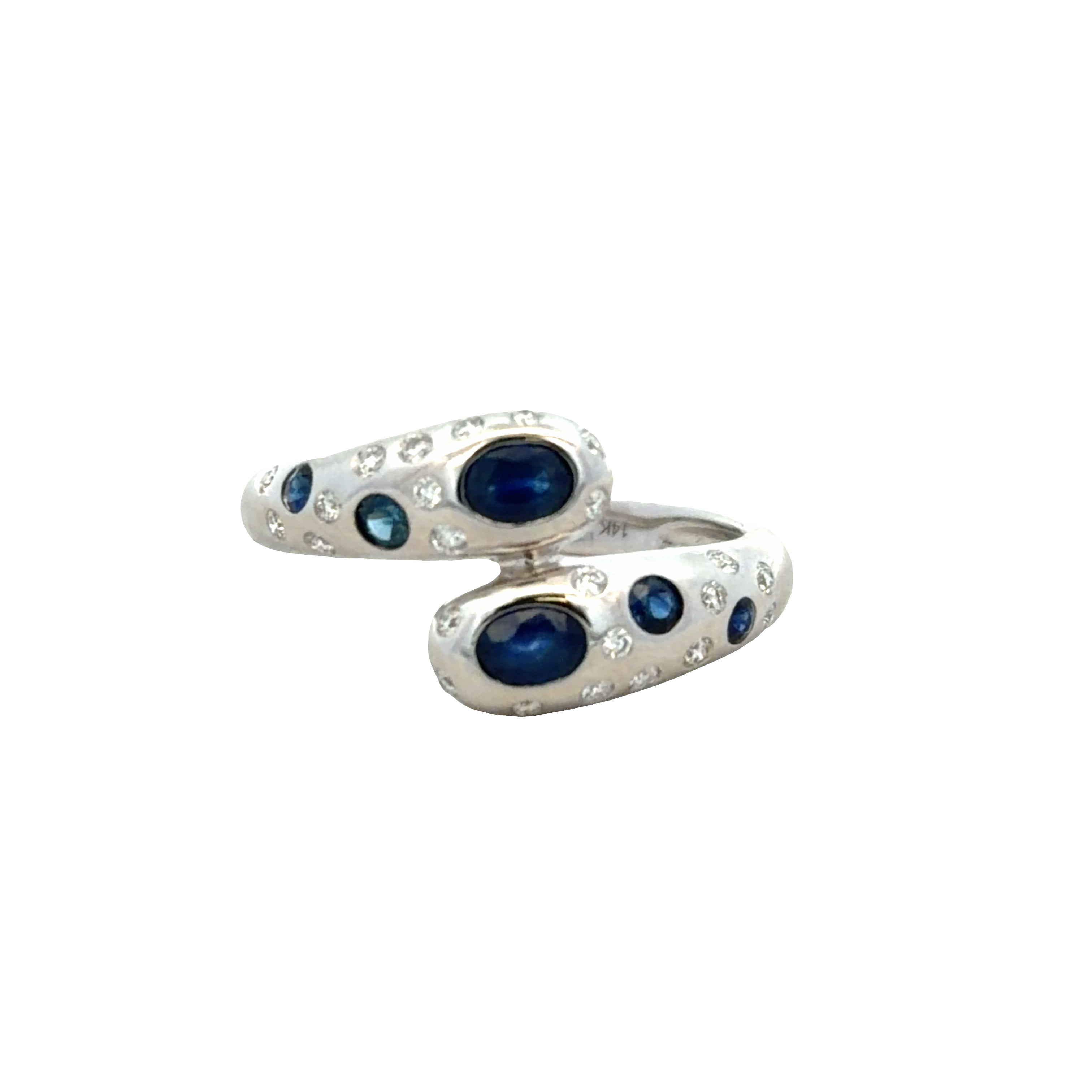 14k White Gold Blue Sapphire & Diamond Bypass Ring – Size 6.5