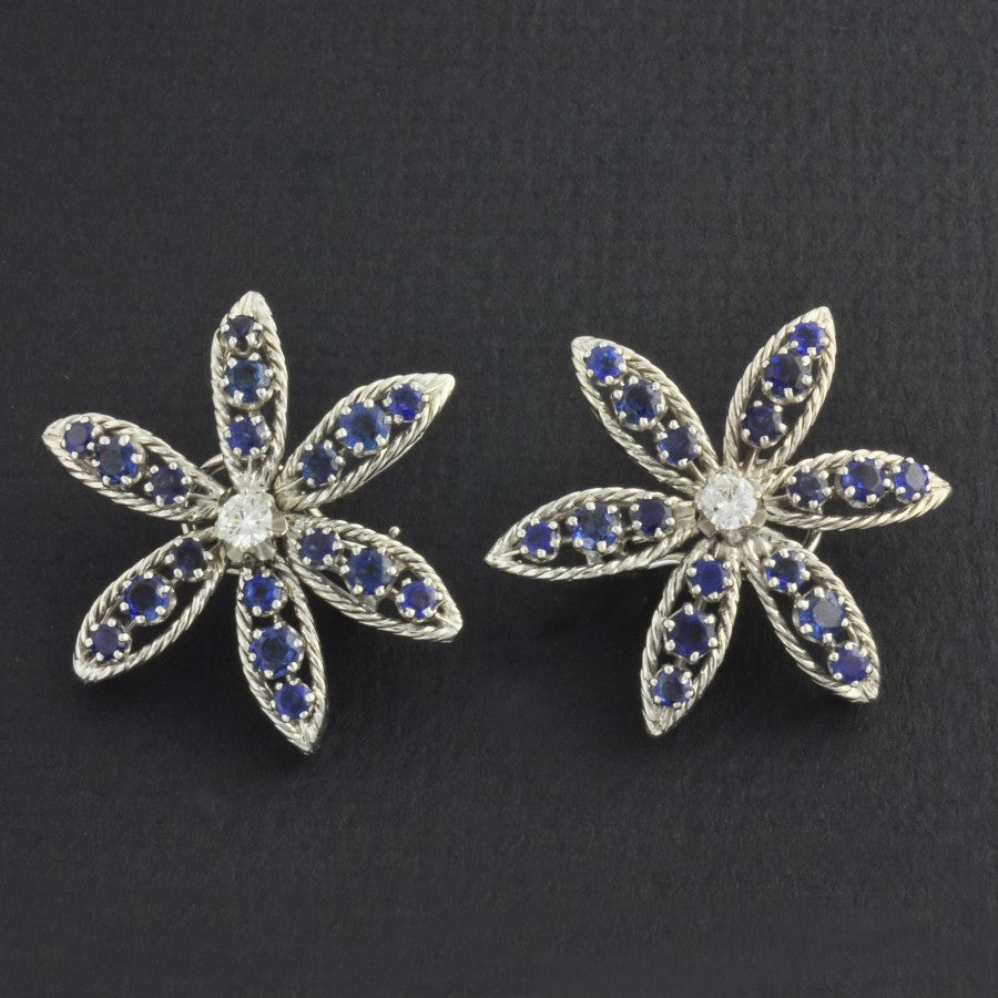 Vintage 18k & 14k White Gold Sapphire & Diamond Floral Earrings – Circa 1950s