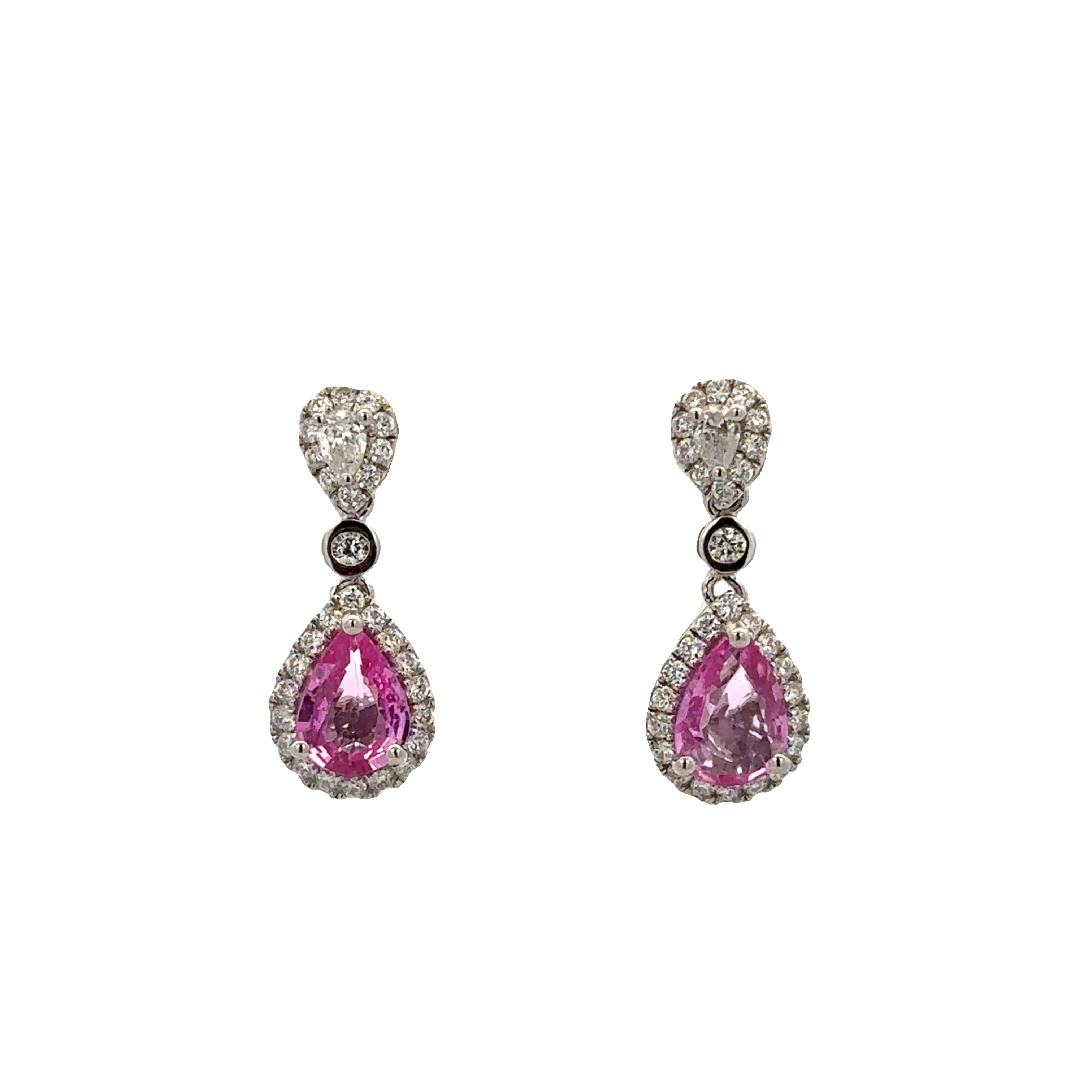 Pink Sapphire and Diamond Drop Earrings in White Gold