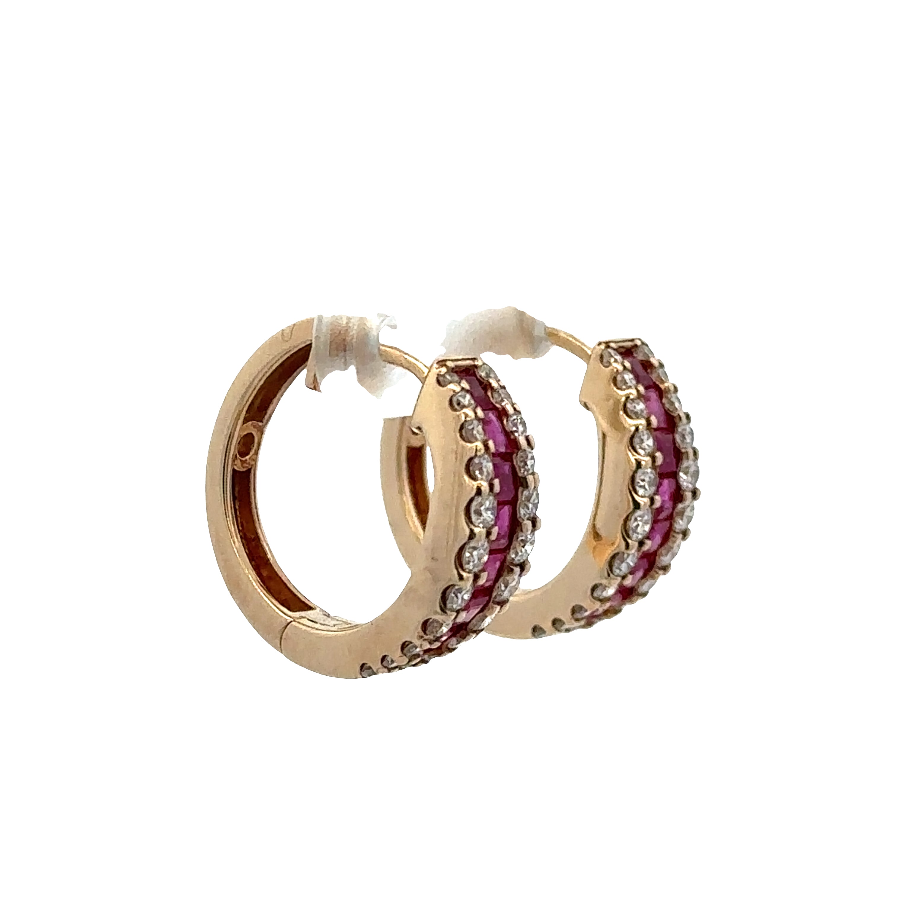 14k Yellow Gold Ruby & Diamond Hoop Earrings – 5/8" Tall