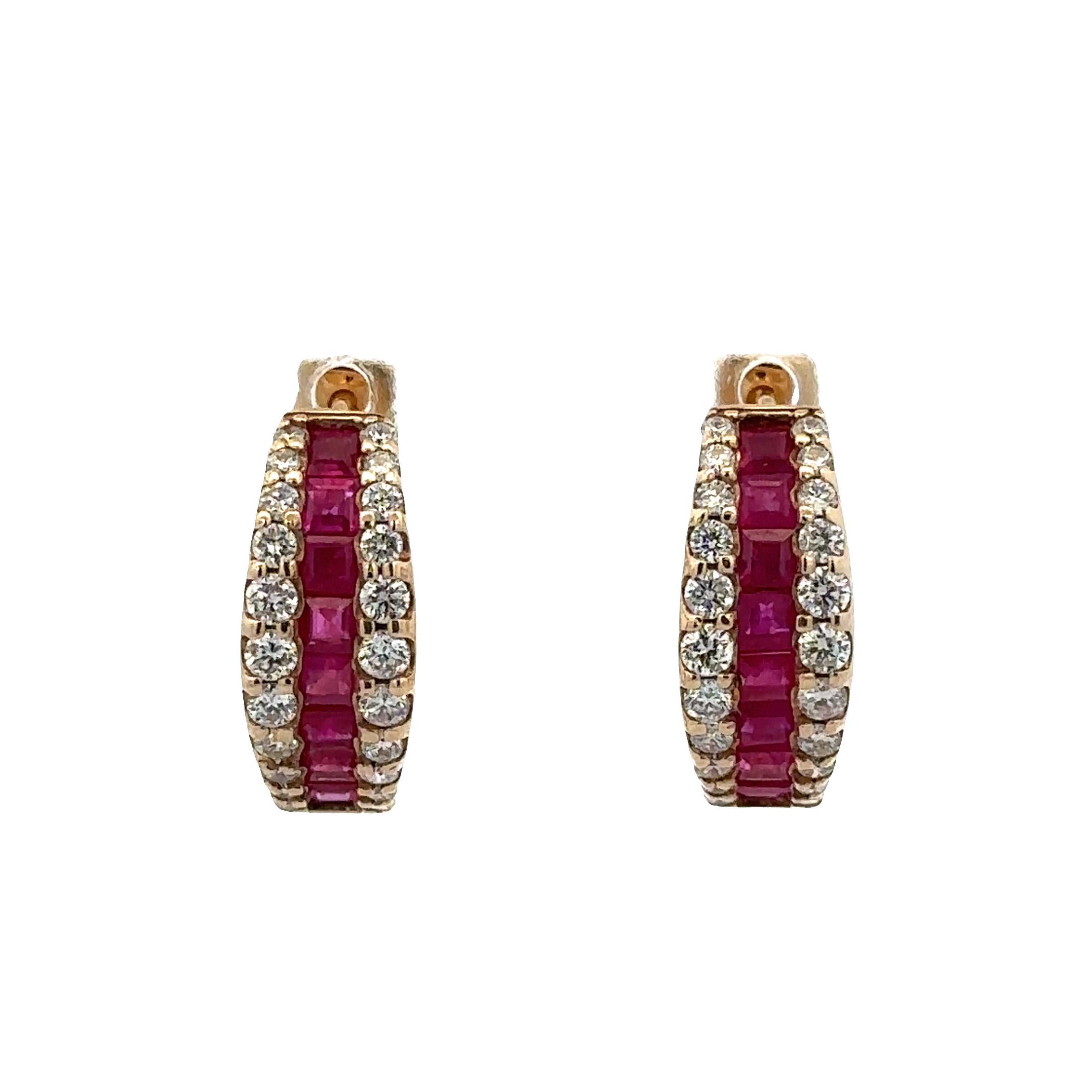 14k Yellow Gold Ruby & Diamond Hoop Earrings – 5/8" Tall