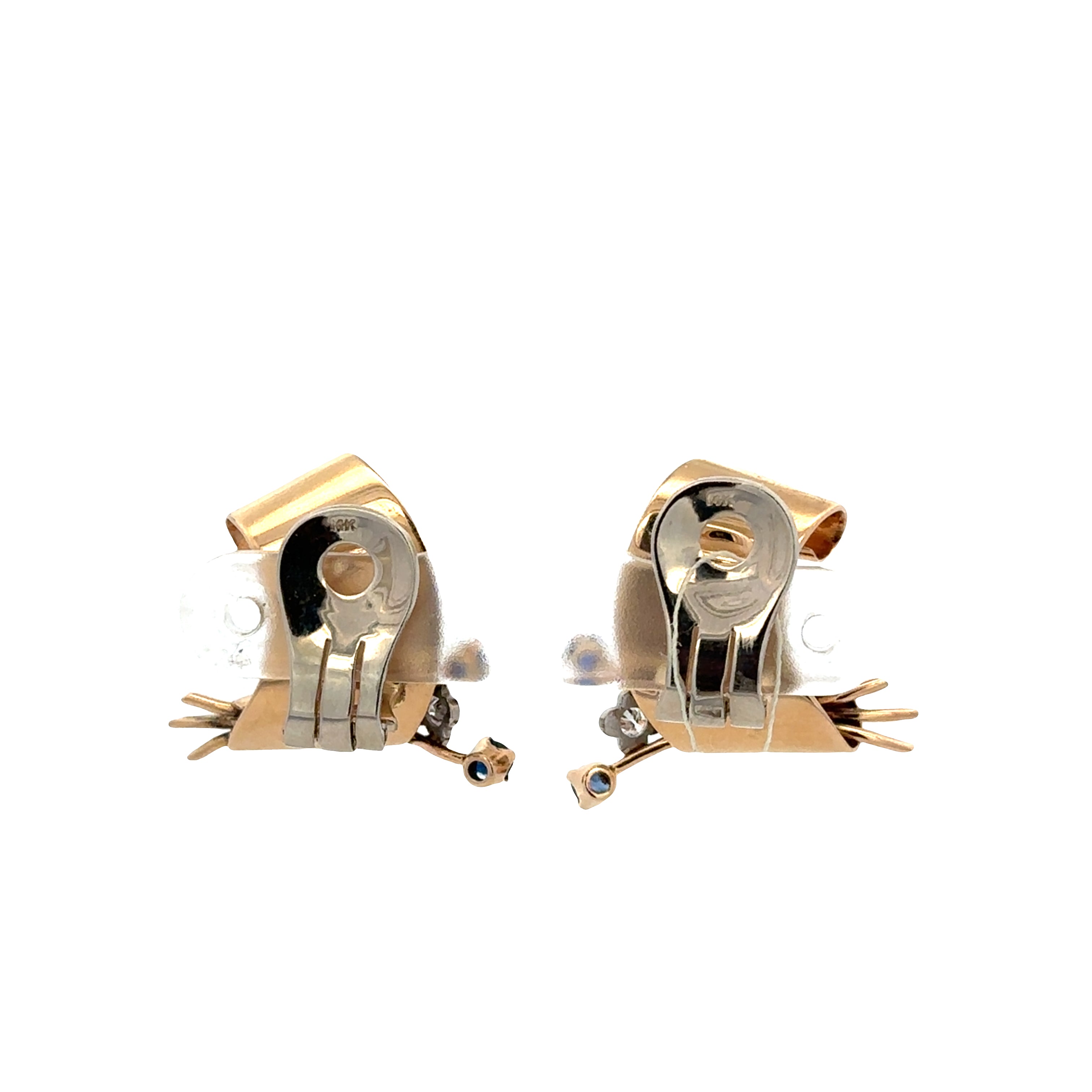 Vintage Retro Sapphire and Old European Cut Diamond Scroll Earrings  in Yellow Gold