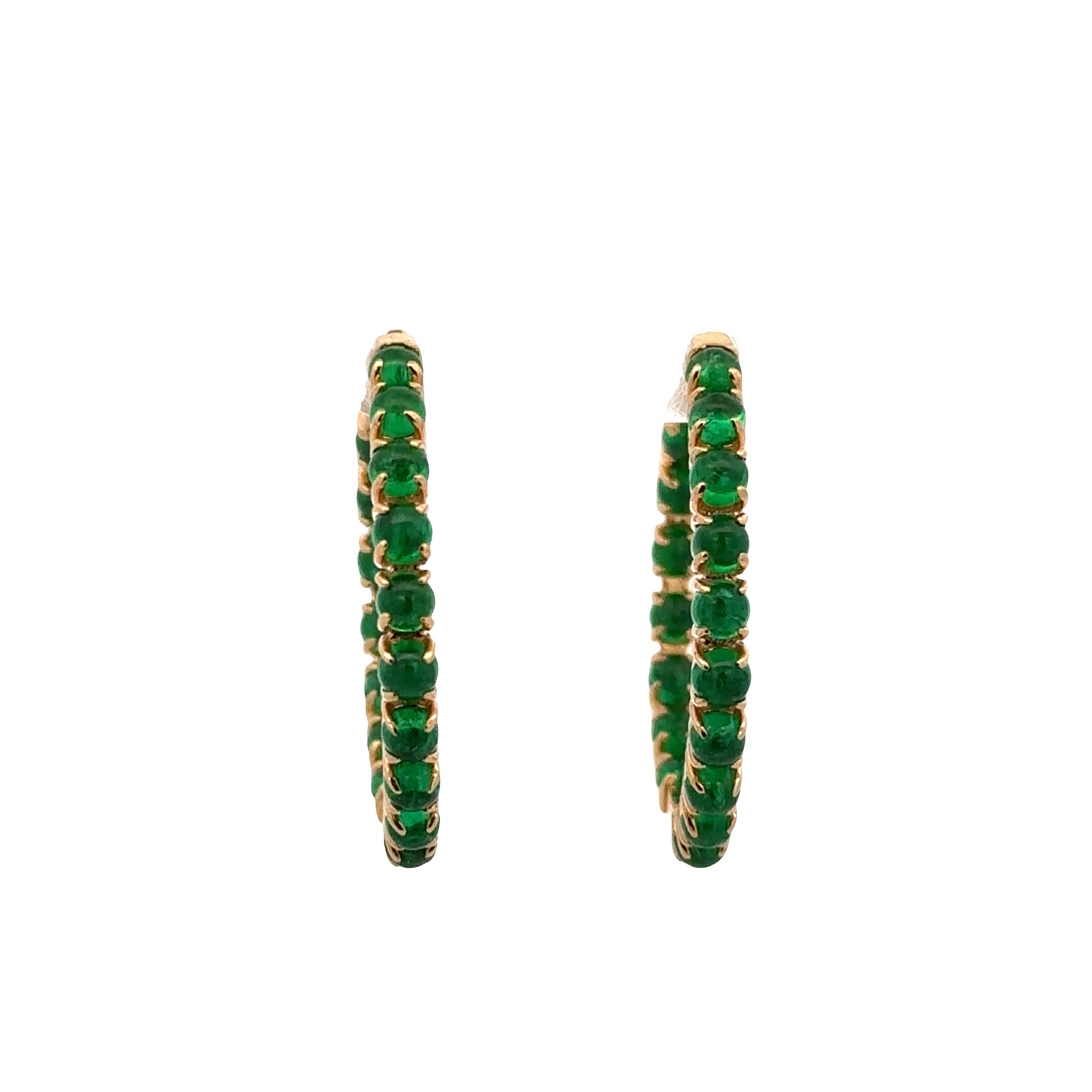 18k Yellow Gold Hoop Earrings with 4.39 CTW Emerald Cabochons – 1" Tall
