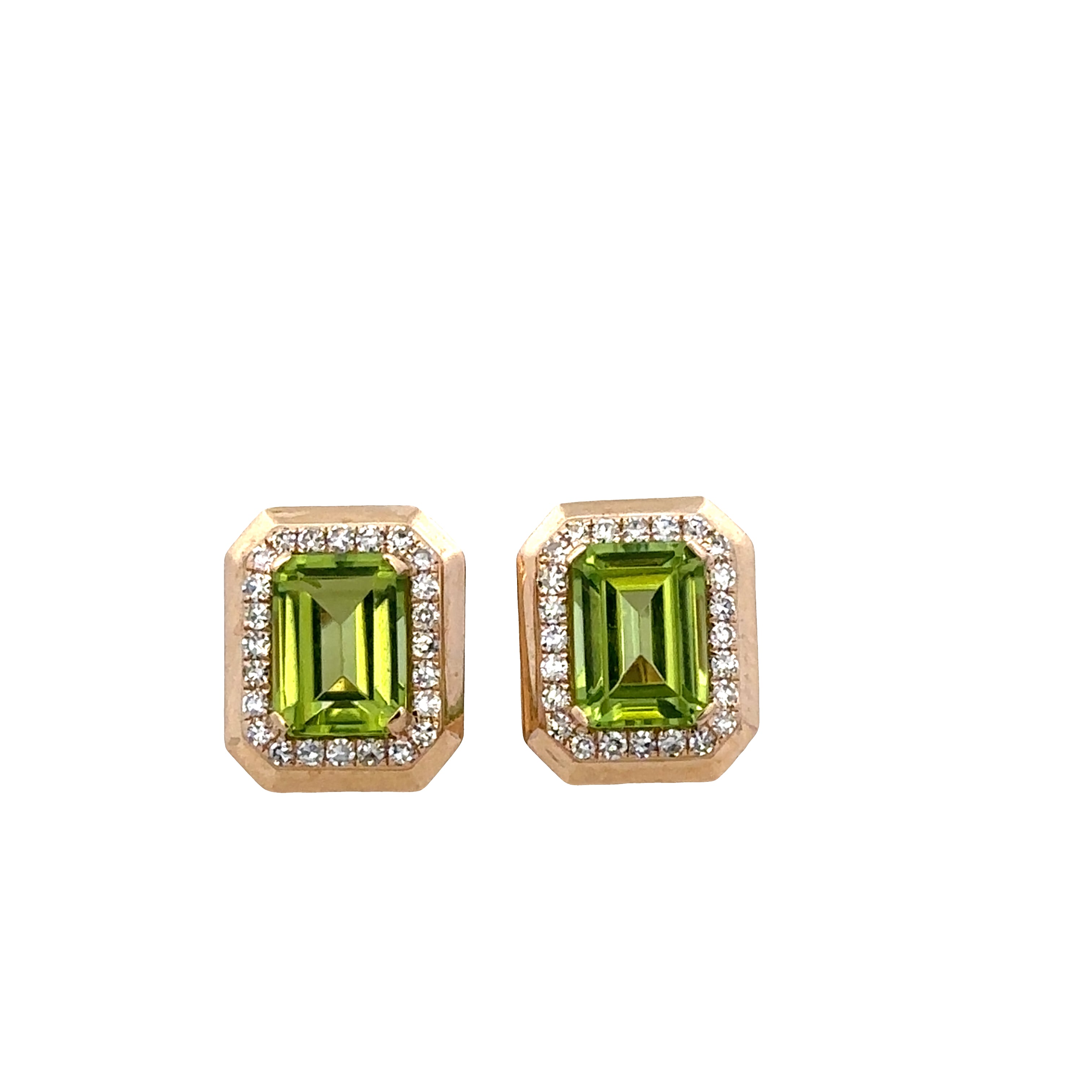 14k Yellow Gold Peridot & Diamond Halo Stud Earrings – 11.2mm x 9.3mm