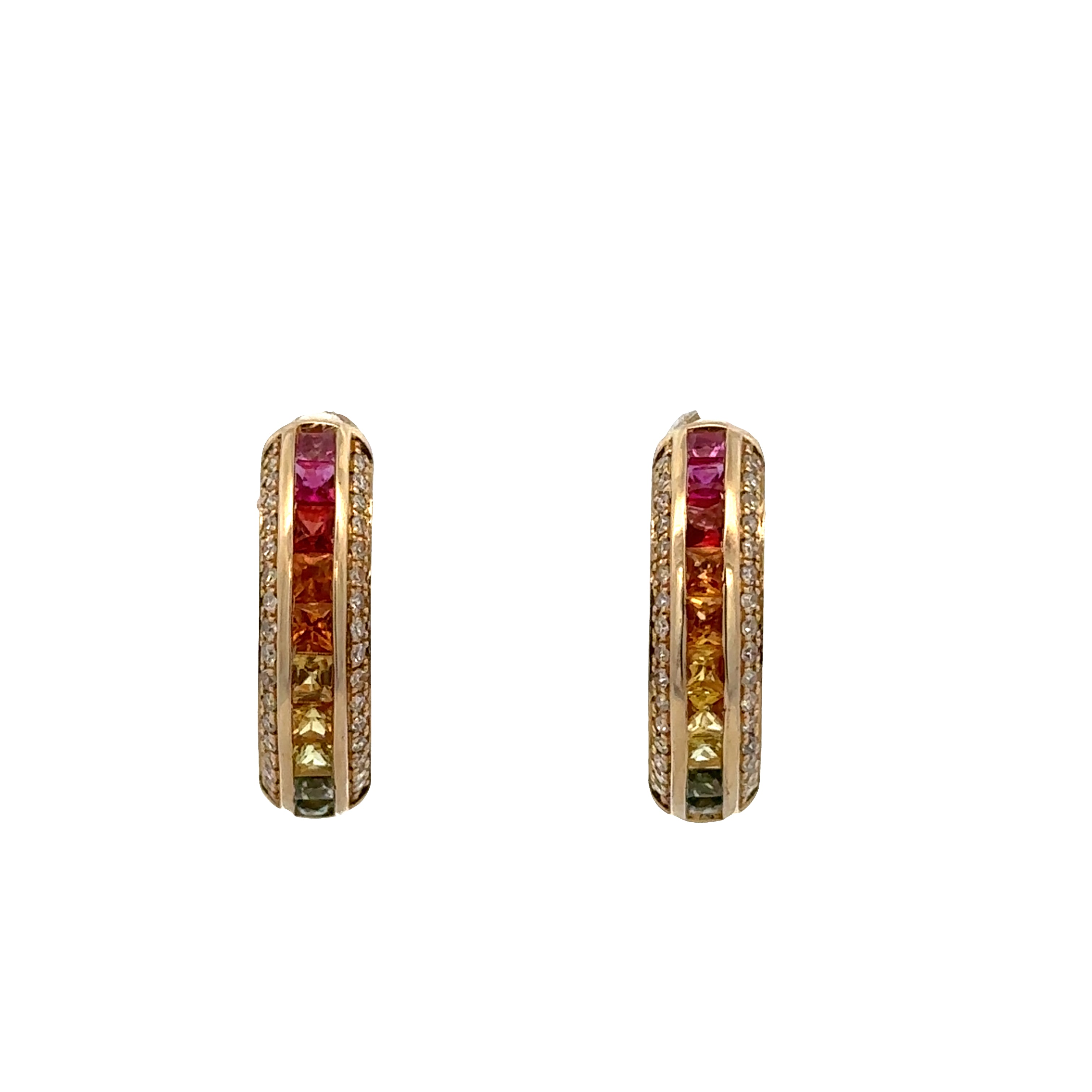 14k Yellow Gold Multi-Color Sapphire & Diamond Hoop Earrings