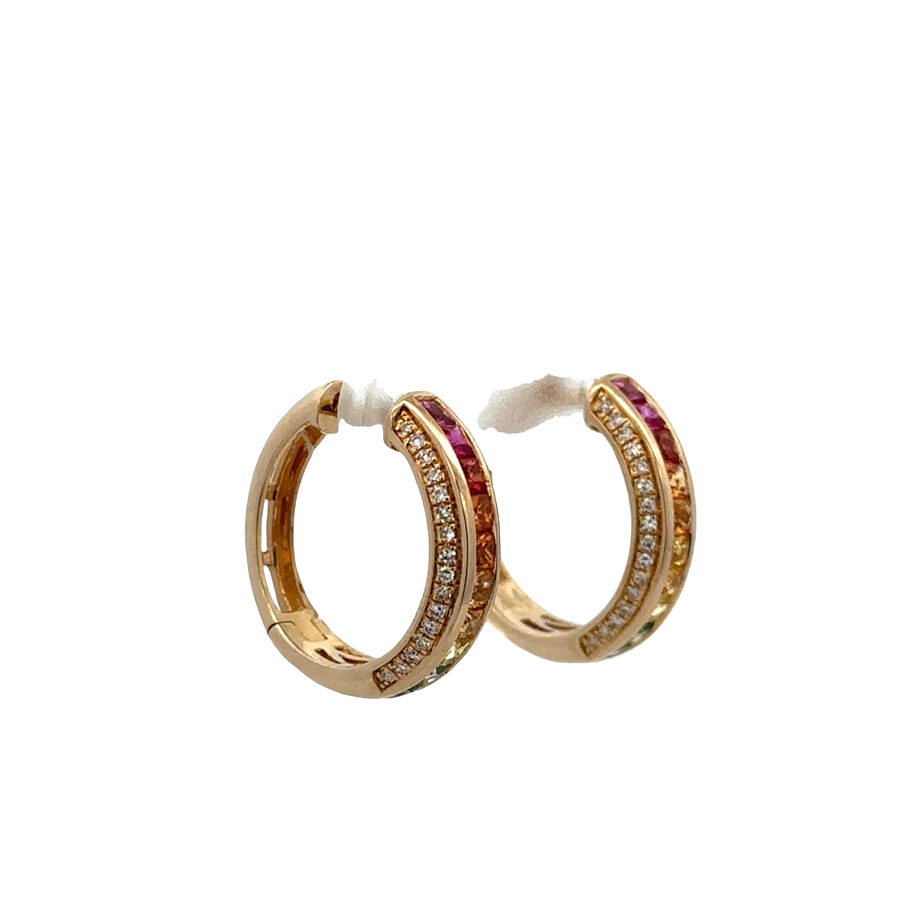 14k Yellow Gold Multi-Color Sapphire & Diamond Hoop Earrings