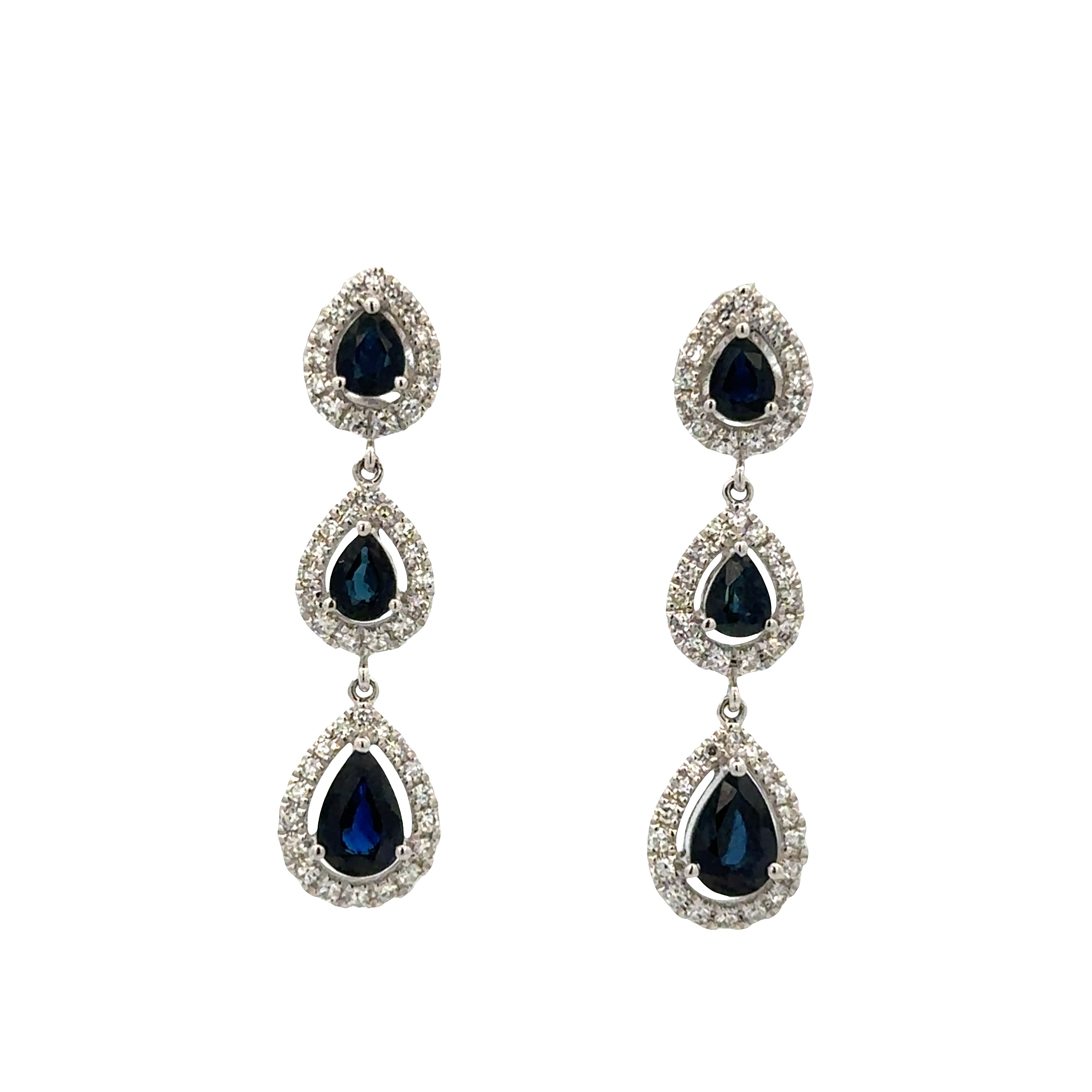 14k White Gold Sapphire & Diamond Cascading Drop Earrings – 1 1/8" Tall