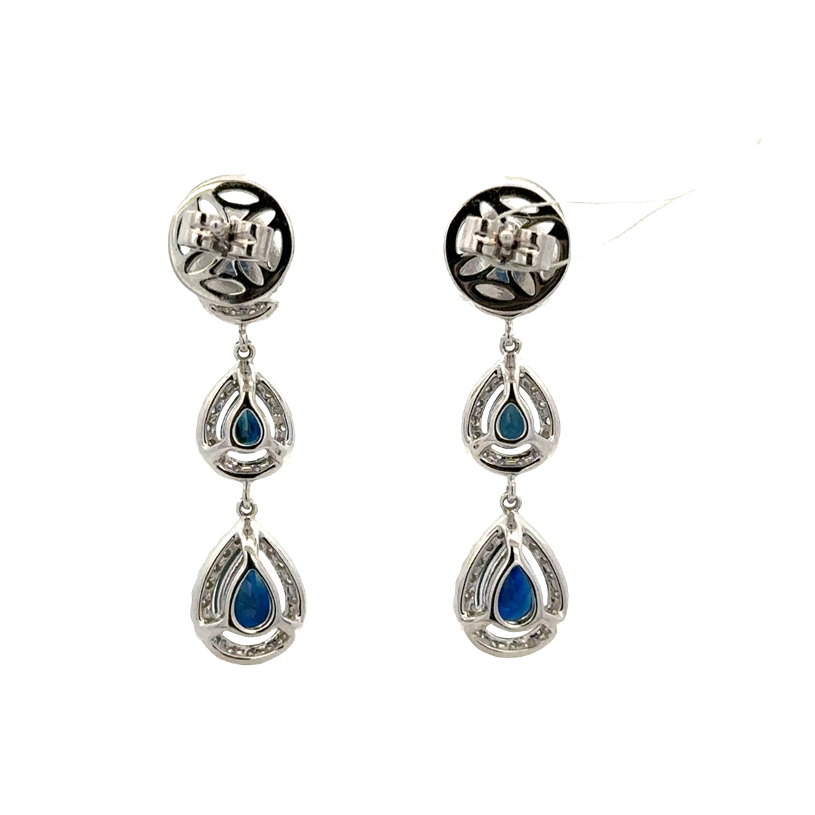 14k White Gold Sapphire & Diamond Cascading Drop Earrings – 1 1/8" Tall
