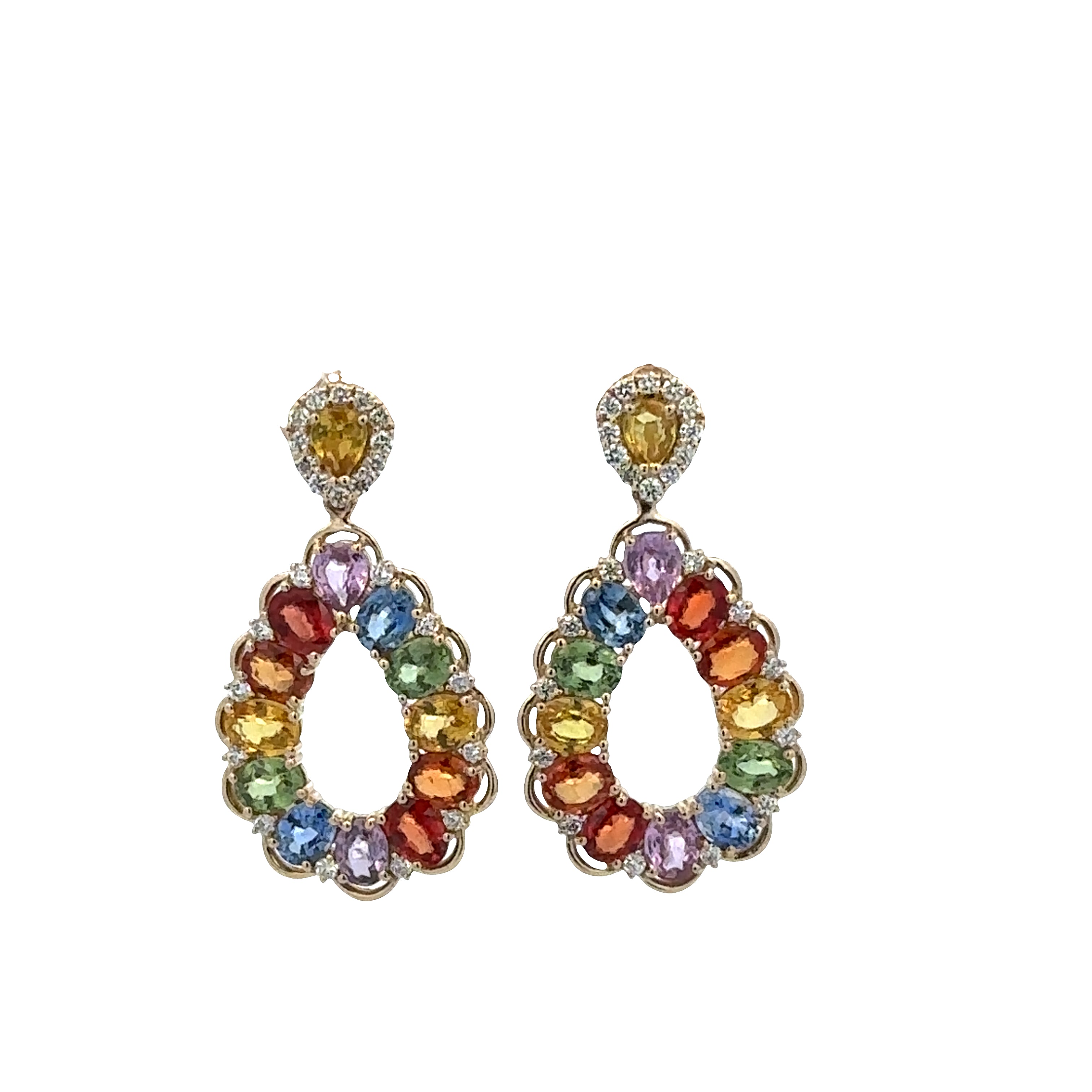 14k Yellow Gold Multi-Colored Sapphire & Diamond Teardrop Earrings – 1"