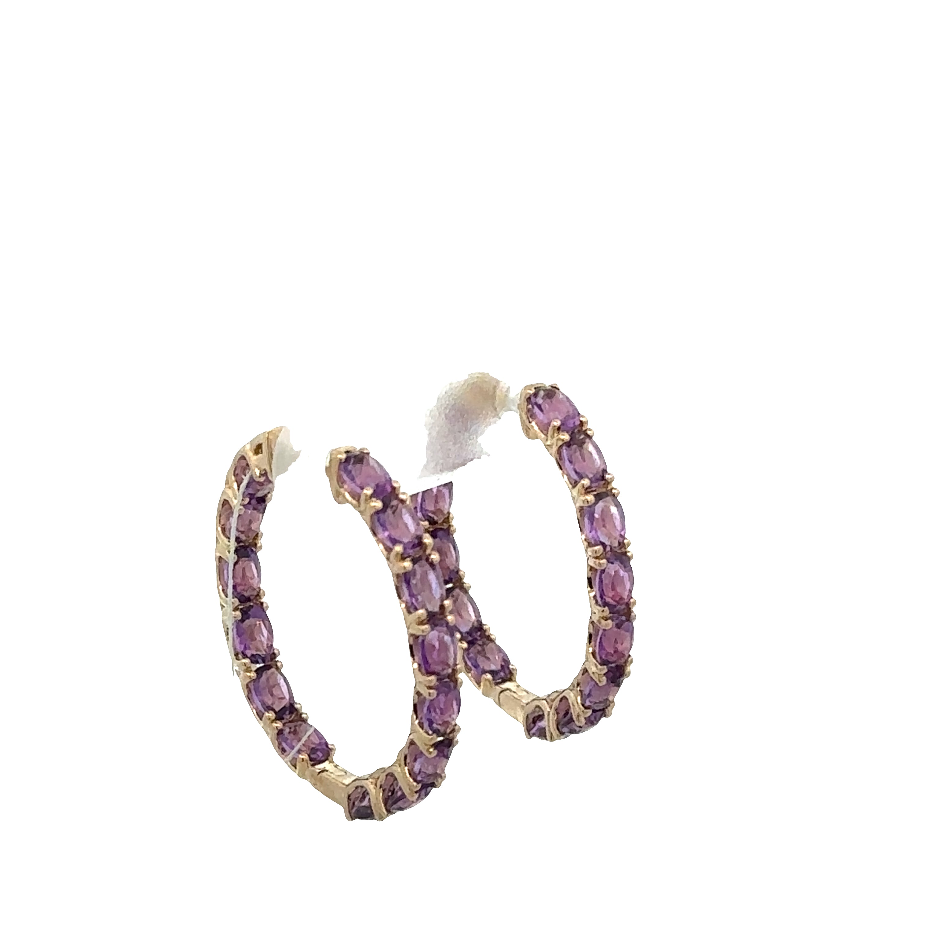 14k Yellow Gold Oval Amethyst Hoop Earrings – 1"