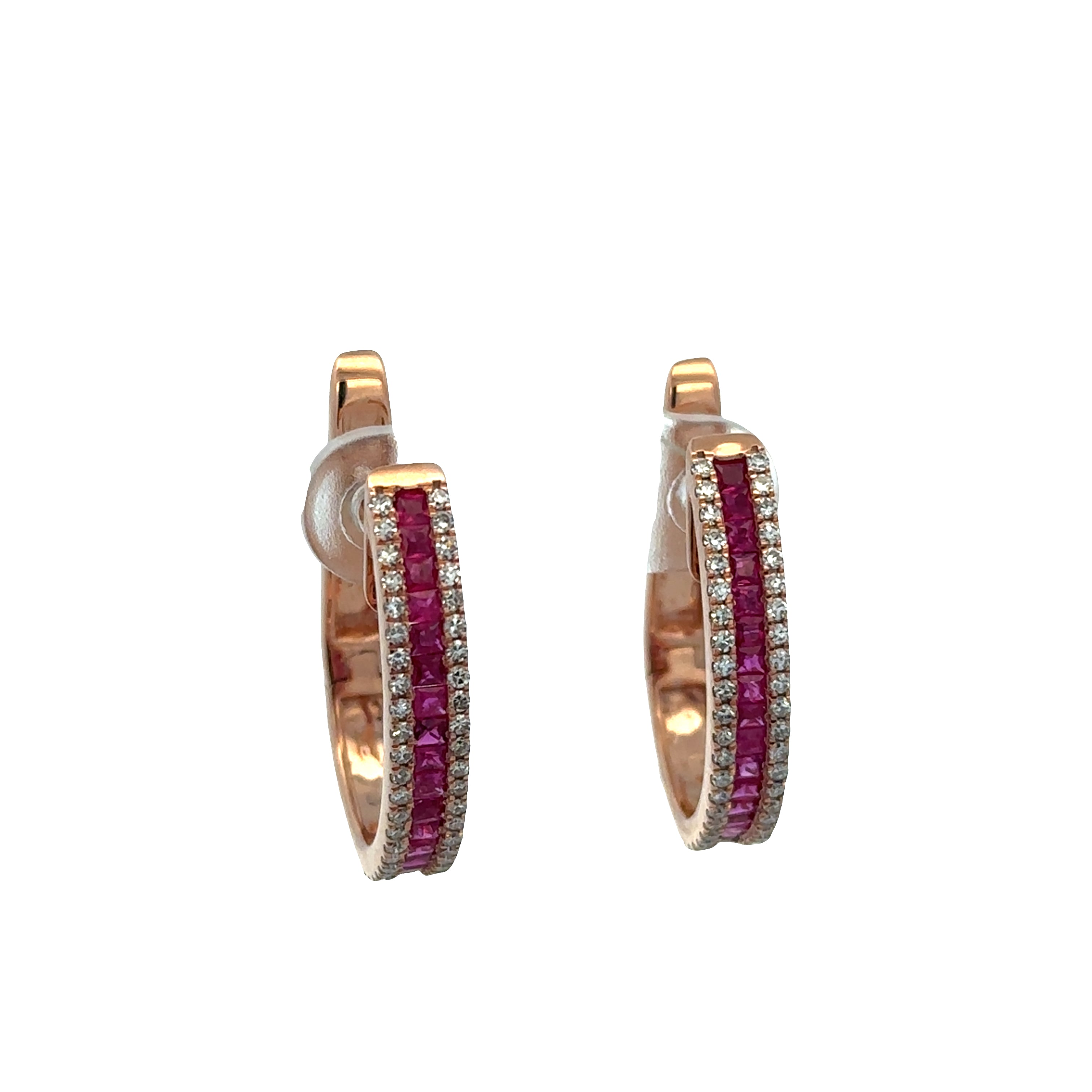 14k Rose Gold Ruby & Diamond Elongated Hoop Earrings – 7/8" Tall