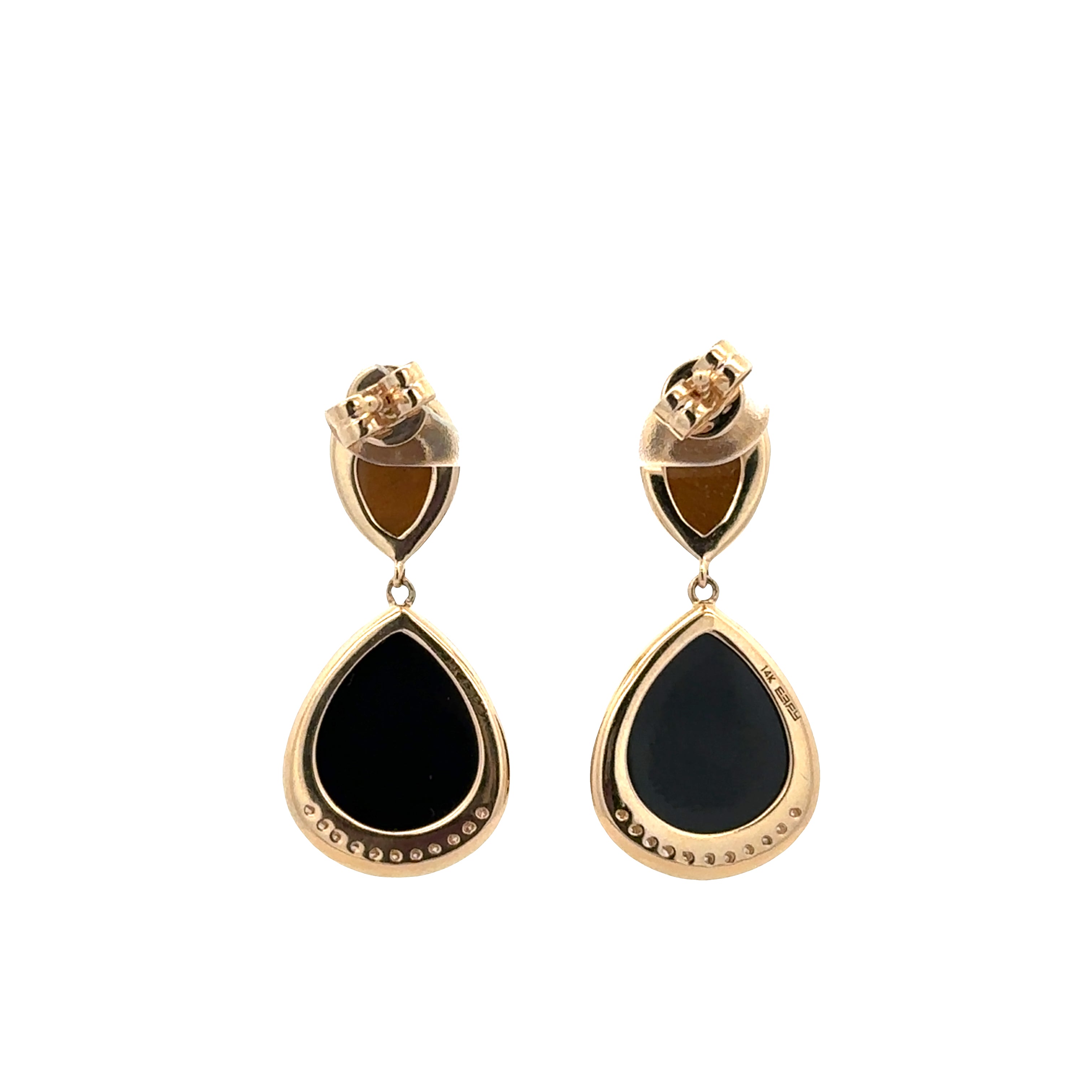 14k Yellow Gold Black Onyx, Tiger’s Eye & Diamond Dangle Earrings