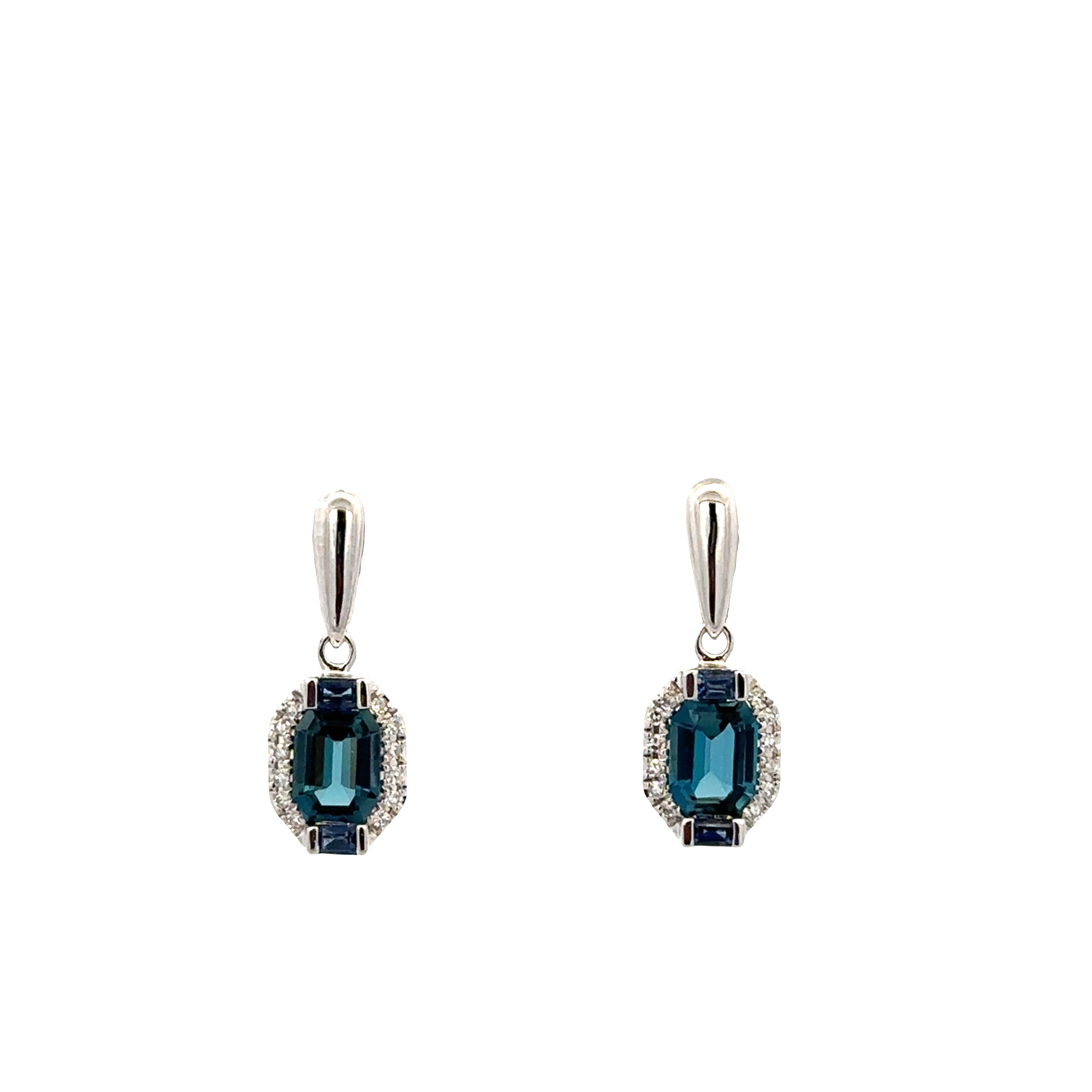 14k White Gold London Blue Topaz, Sapphire & Diamond Dangle Earrings – 5/8" Tall
