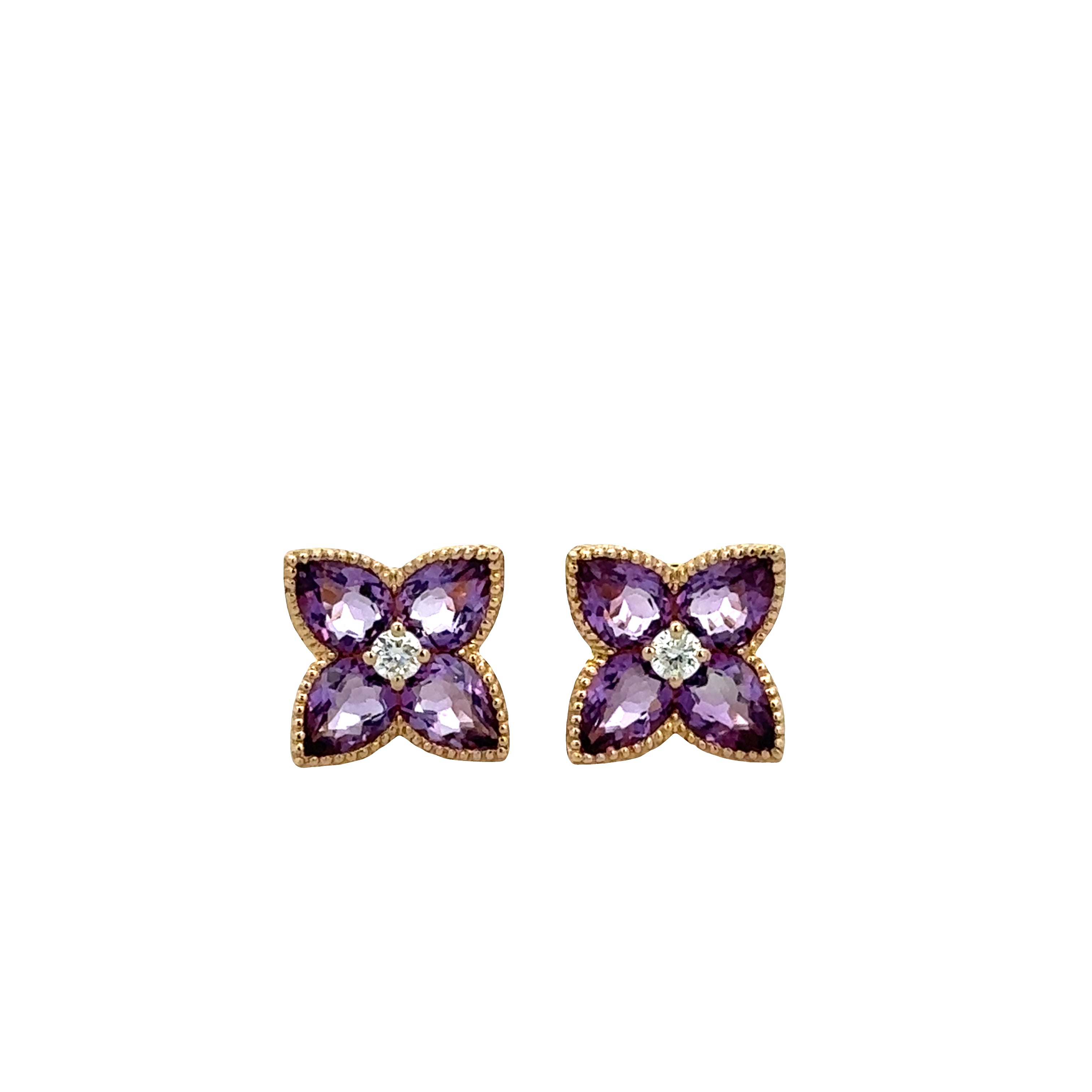 14k Yellow Gold Amethyst & Diamond Floral Stud Earrings – 7.8mm