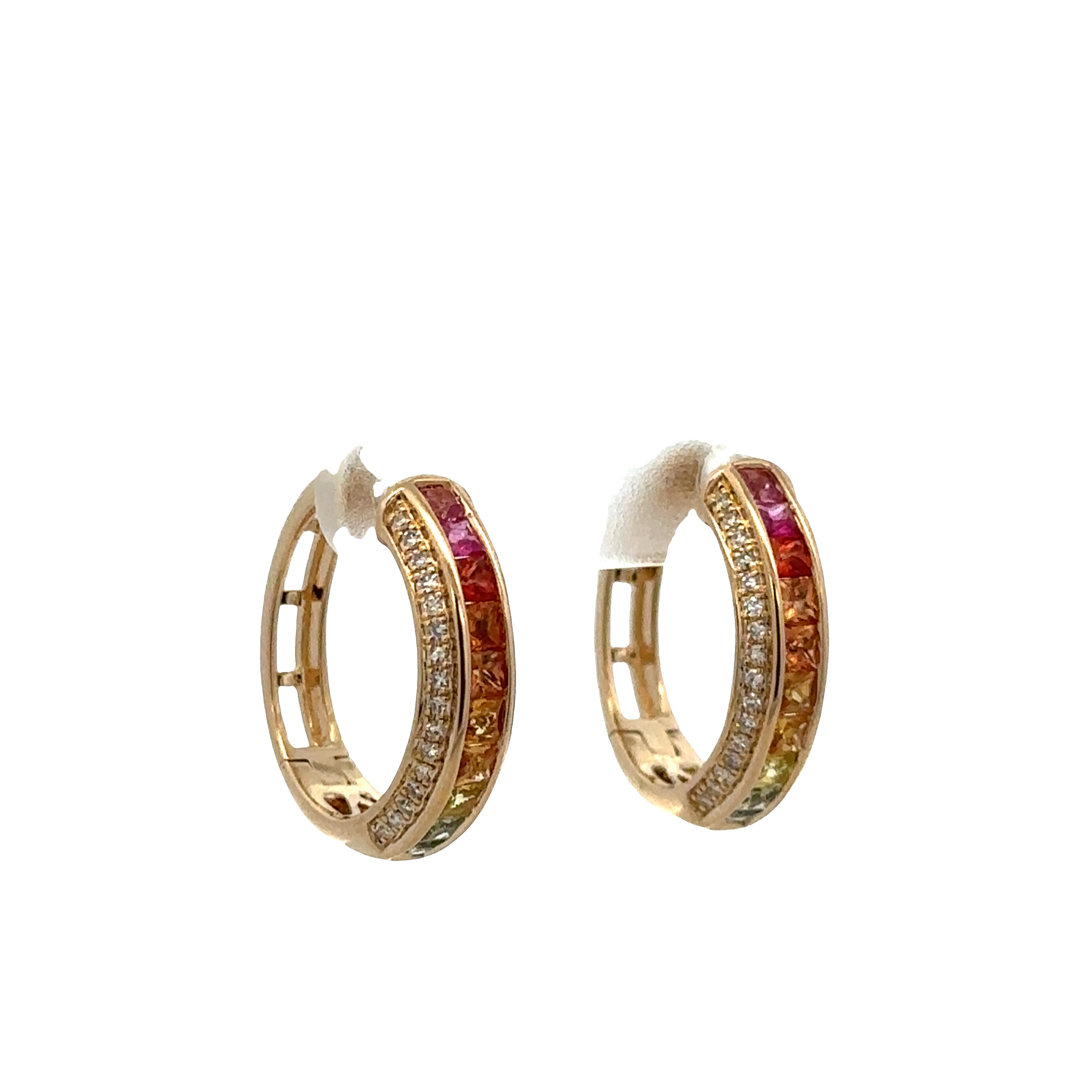14k Yellow Gold Multicolor Sapphire & Diamond Hoop Earrings – 3/4" Tall