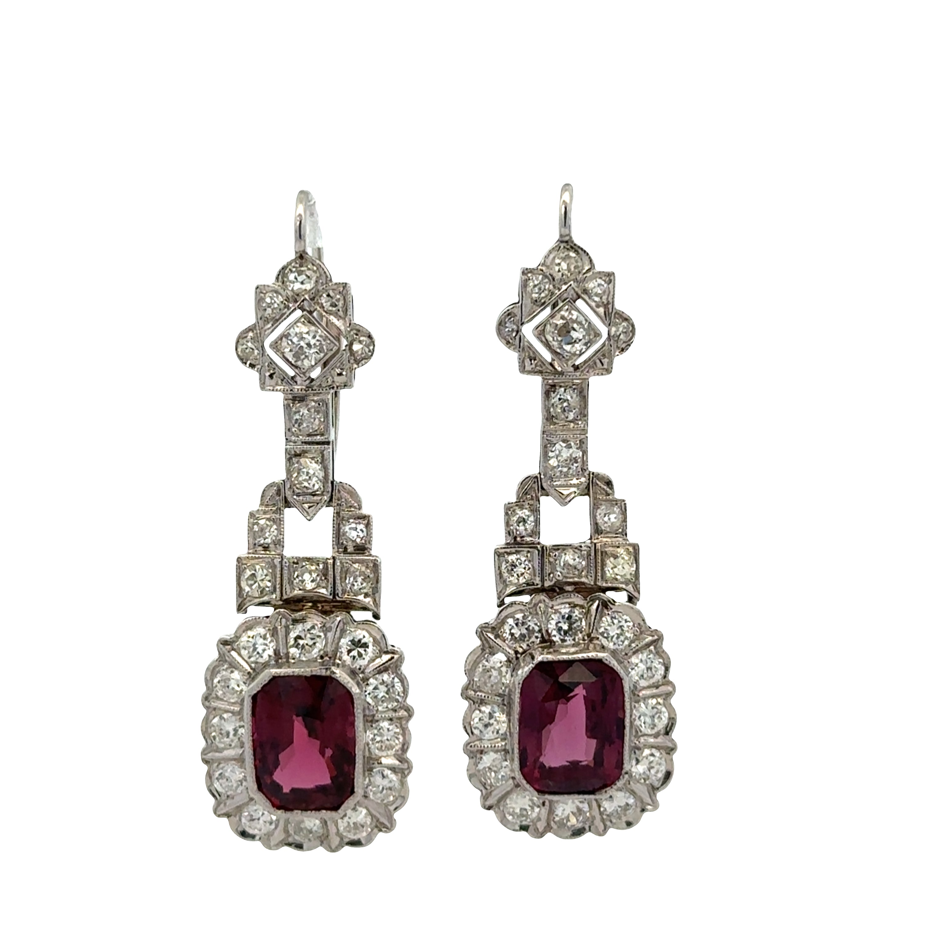 Antique 18k White Gold Spinel & Diamond Geometric Earrings – 1 5/8" Long