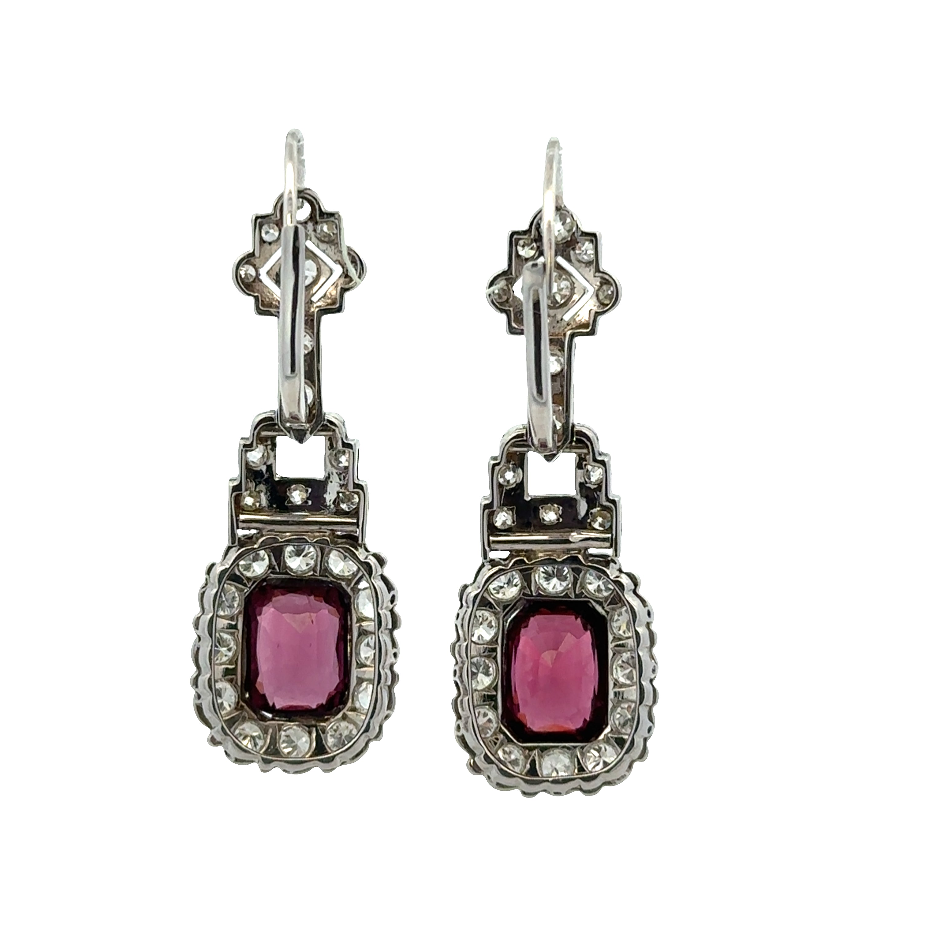 Antique 18k White Gold Spinel & Diamond Geometric Earrings – 1 5/8" Long