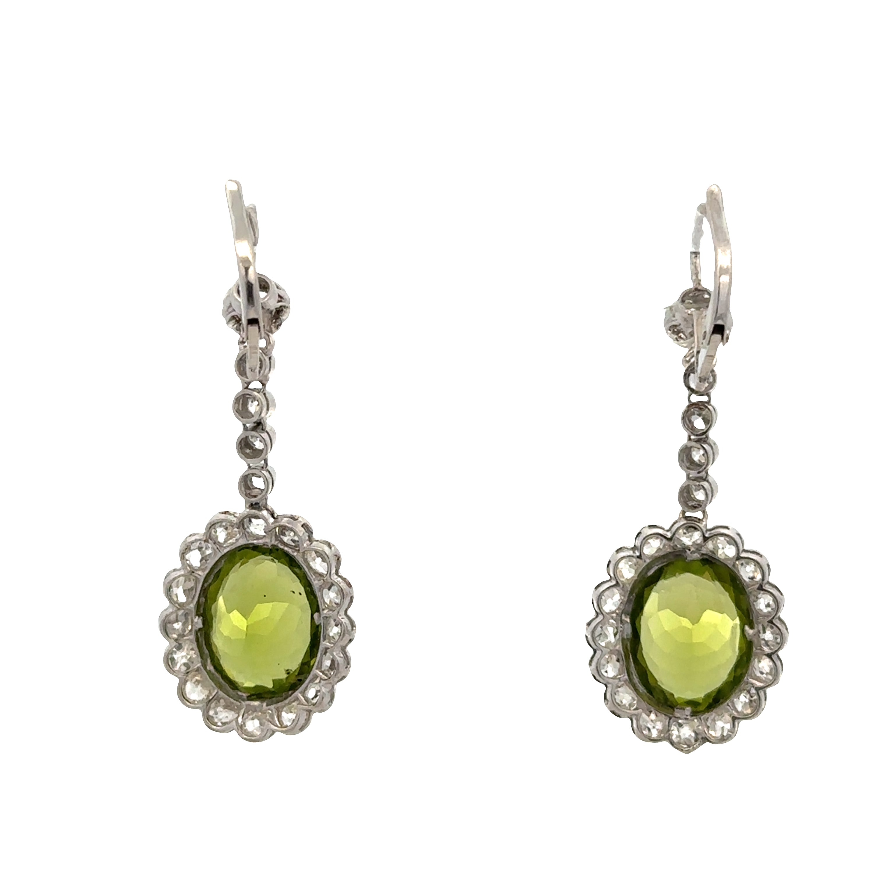 Vintage 18k White Gold Peridot & Diamond Drop Earrings – 1 5/8" Long, Circa 1940s