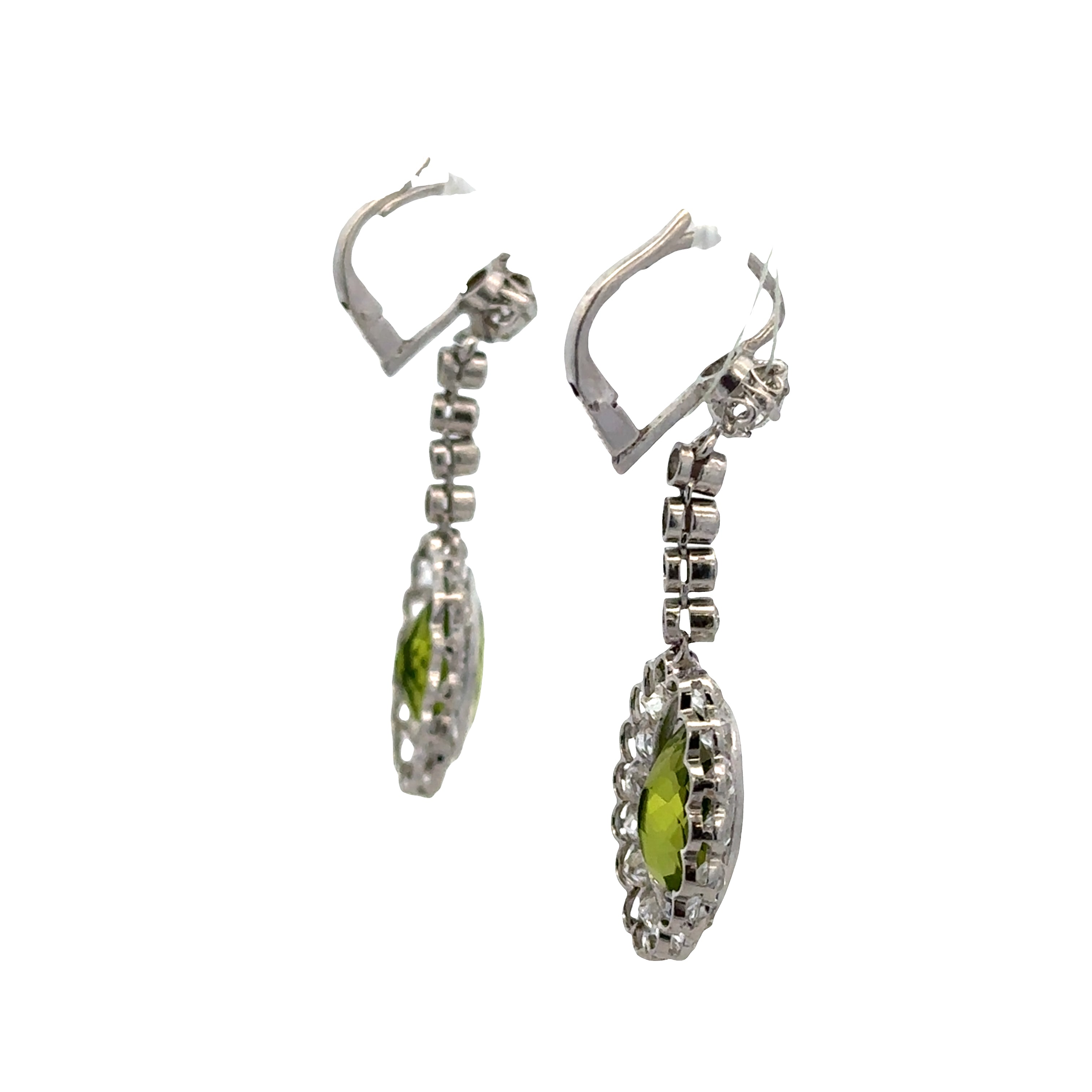 Vintage 18k White Gold Peridot & Diamond Drop Earrings – 1 5/8" Long, Circa 1940s