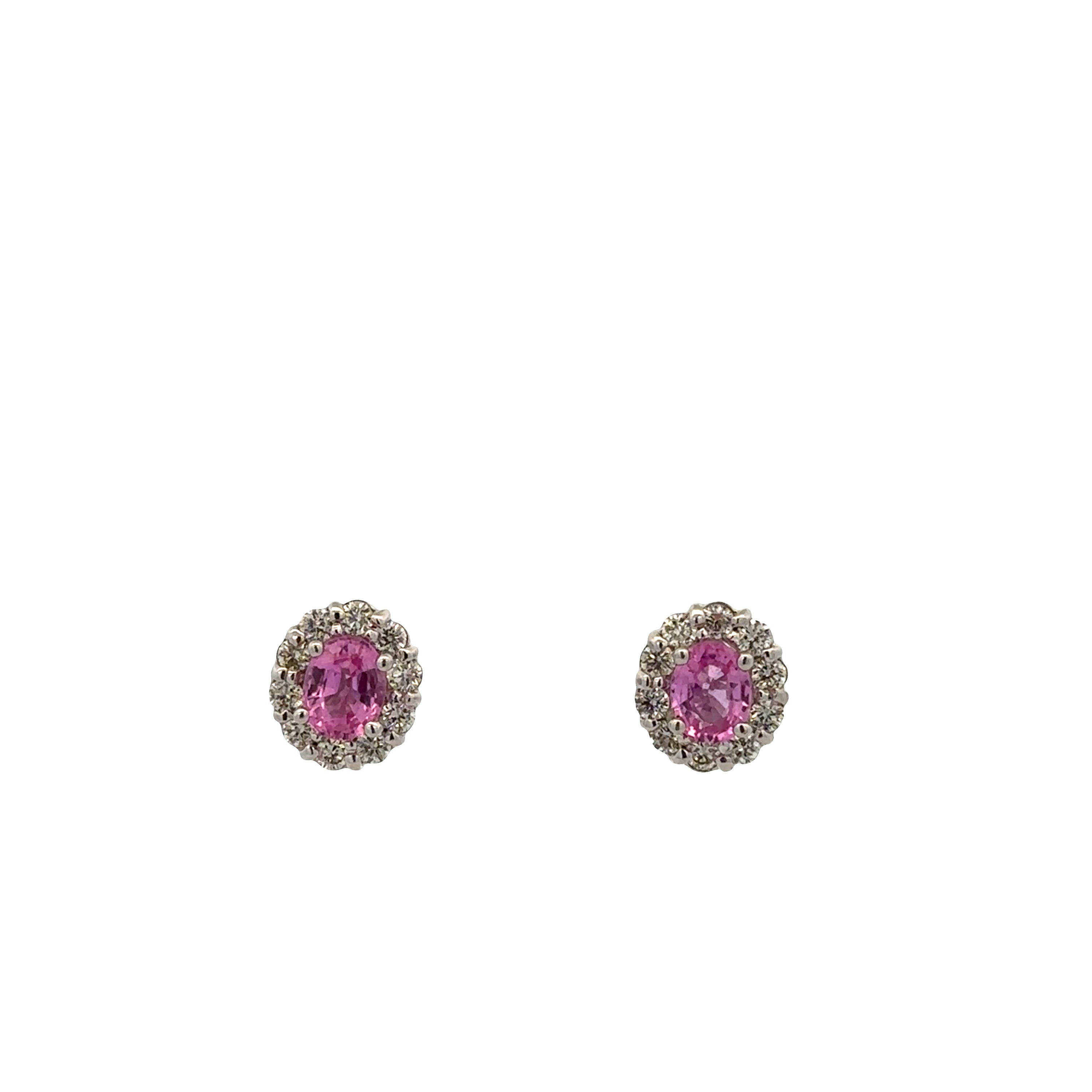14k White Gold Pink Sapphire & Diamond Halo Stud Earrings – 8x7mm