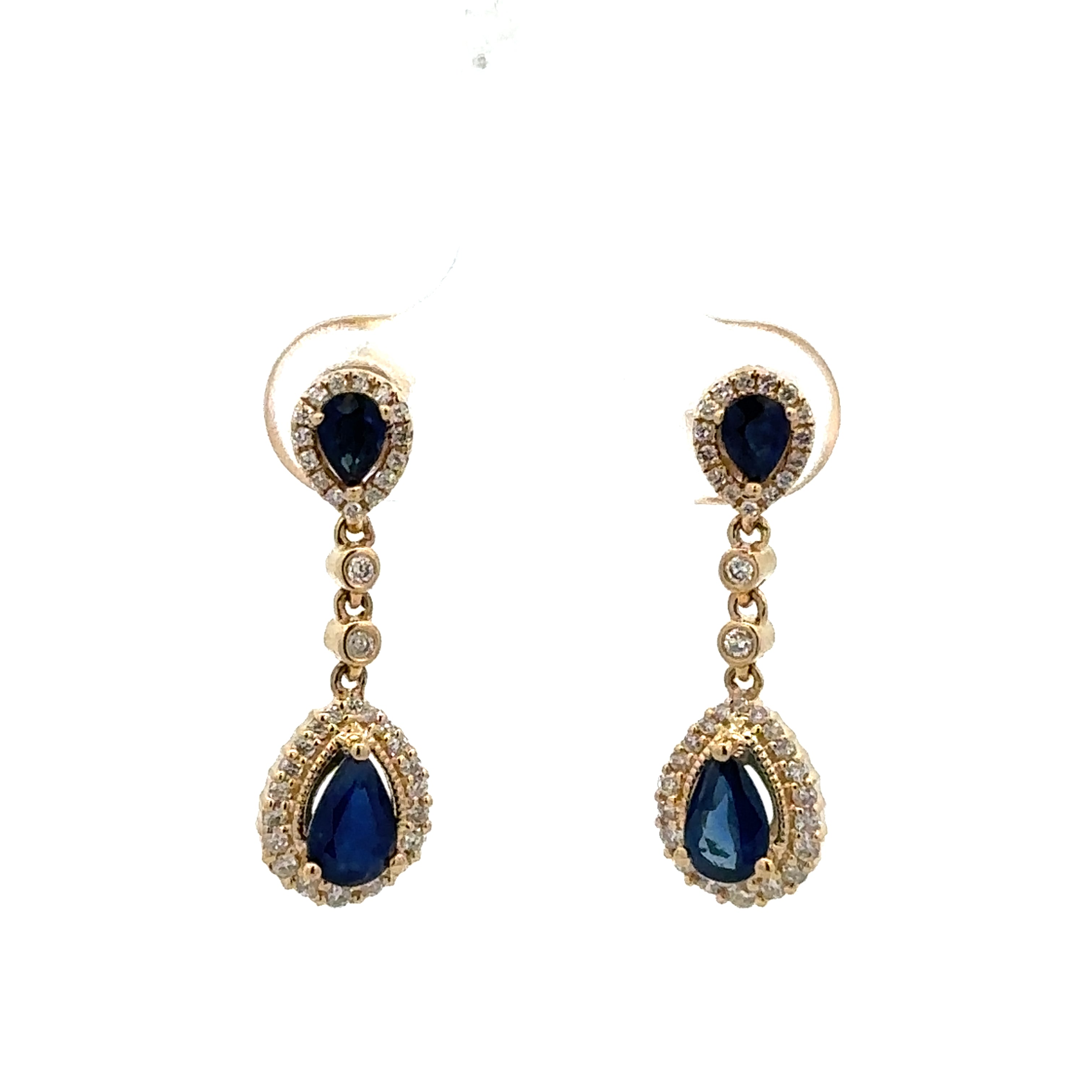 14k Yellow Gold Sapphire & Diamond Dangle Earrings – 7/8" Tall
