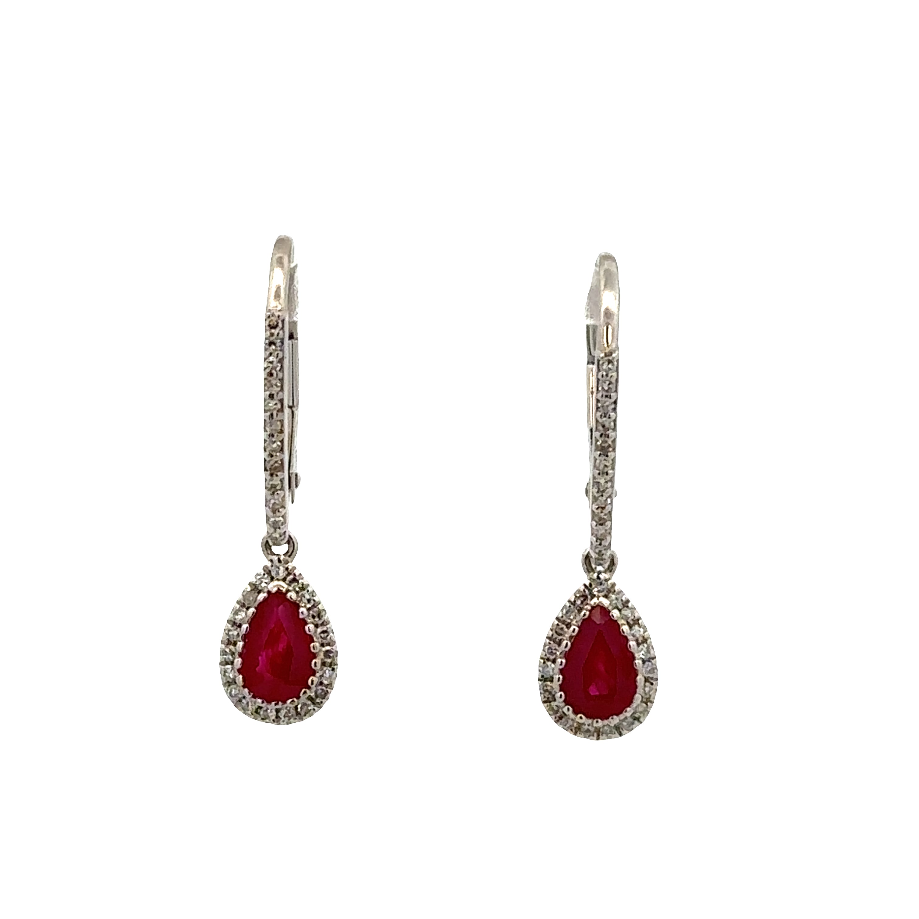 14k White Gold Ruby & Diamond Halo Drop Earrings