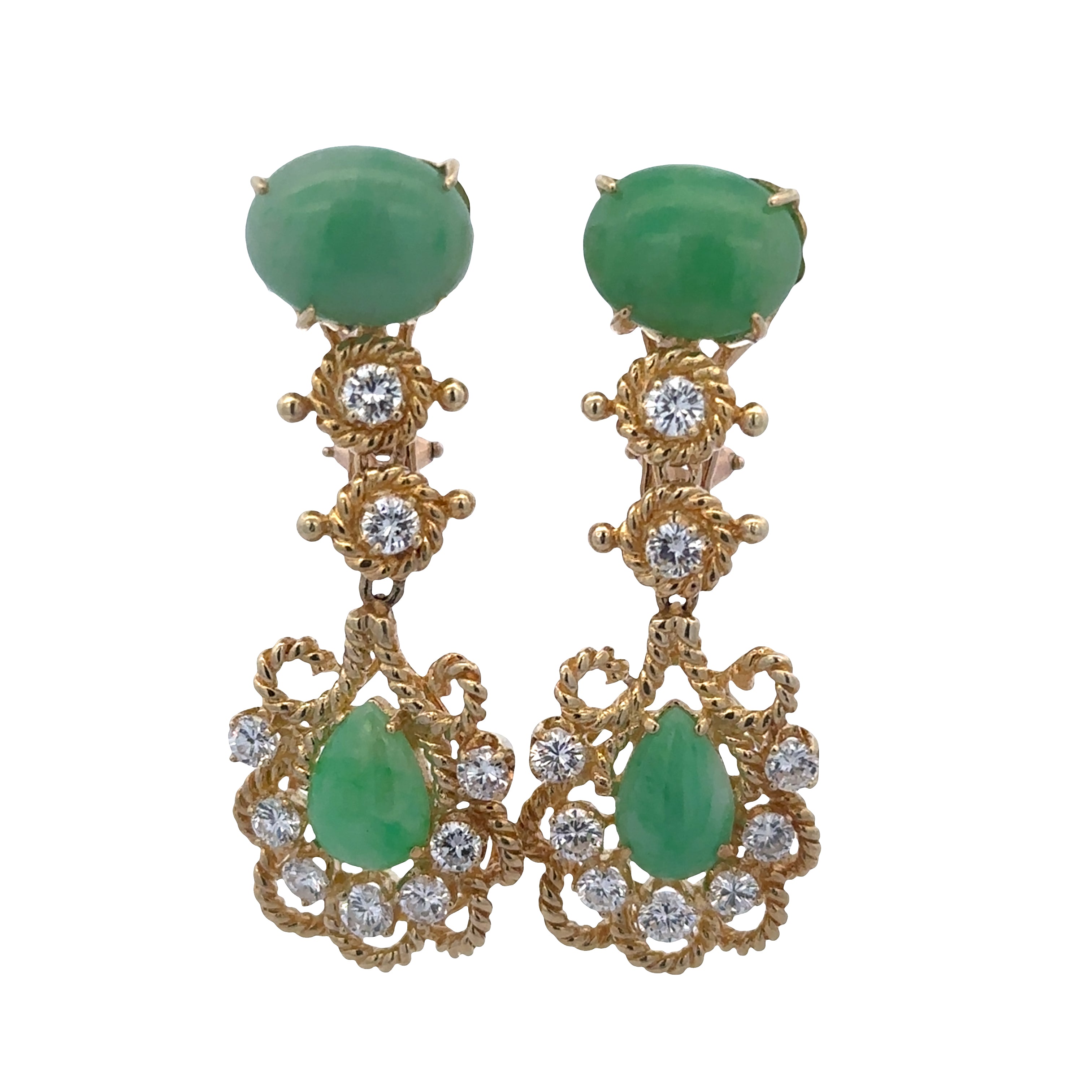 Vintage 18k Yellow Gold Jade & Diamond Drop Clip Earrings